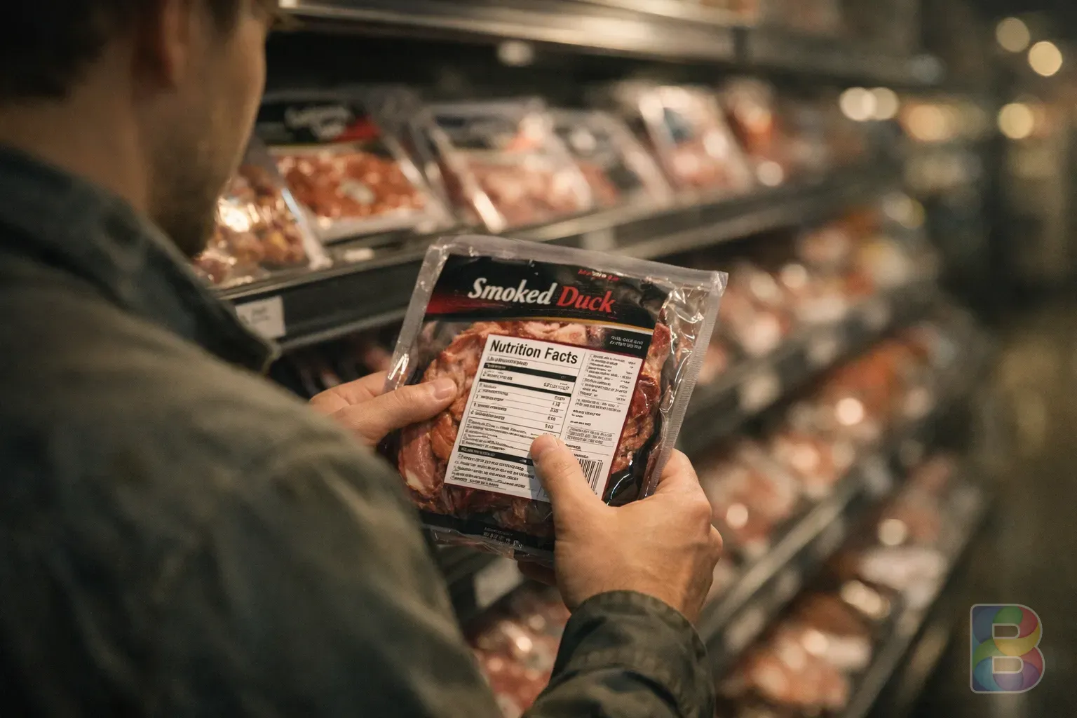 photorealistic, a person reading a nutrition label on a package of smoked duck in a grocery store, soft aisle lighting, focused and clear