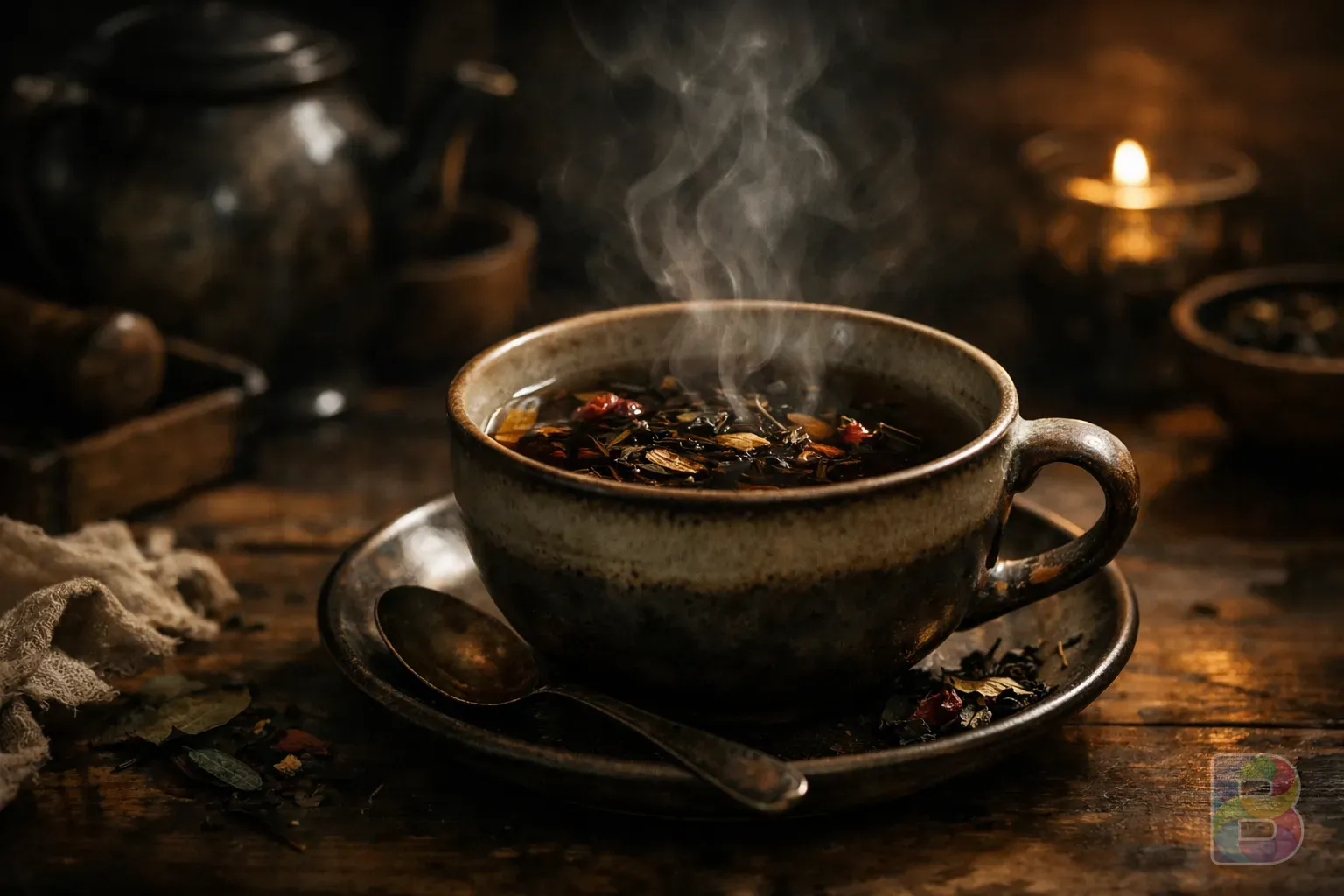 photorealistic, close-up of brewing dark herbal tea in a ceramic cup, steam rising softly, moody traditional kitchen setting, cinematic lighting