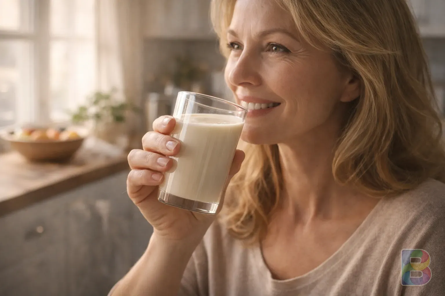 photorealistic, a healthy middle-aged woman smiling while drinking a glass of soy milk in a bright kitchen, soft natural light, cinematic lighting, peaceful mood