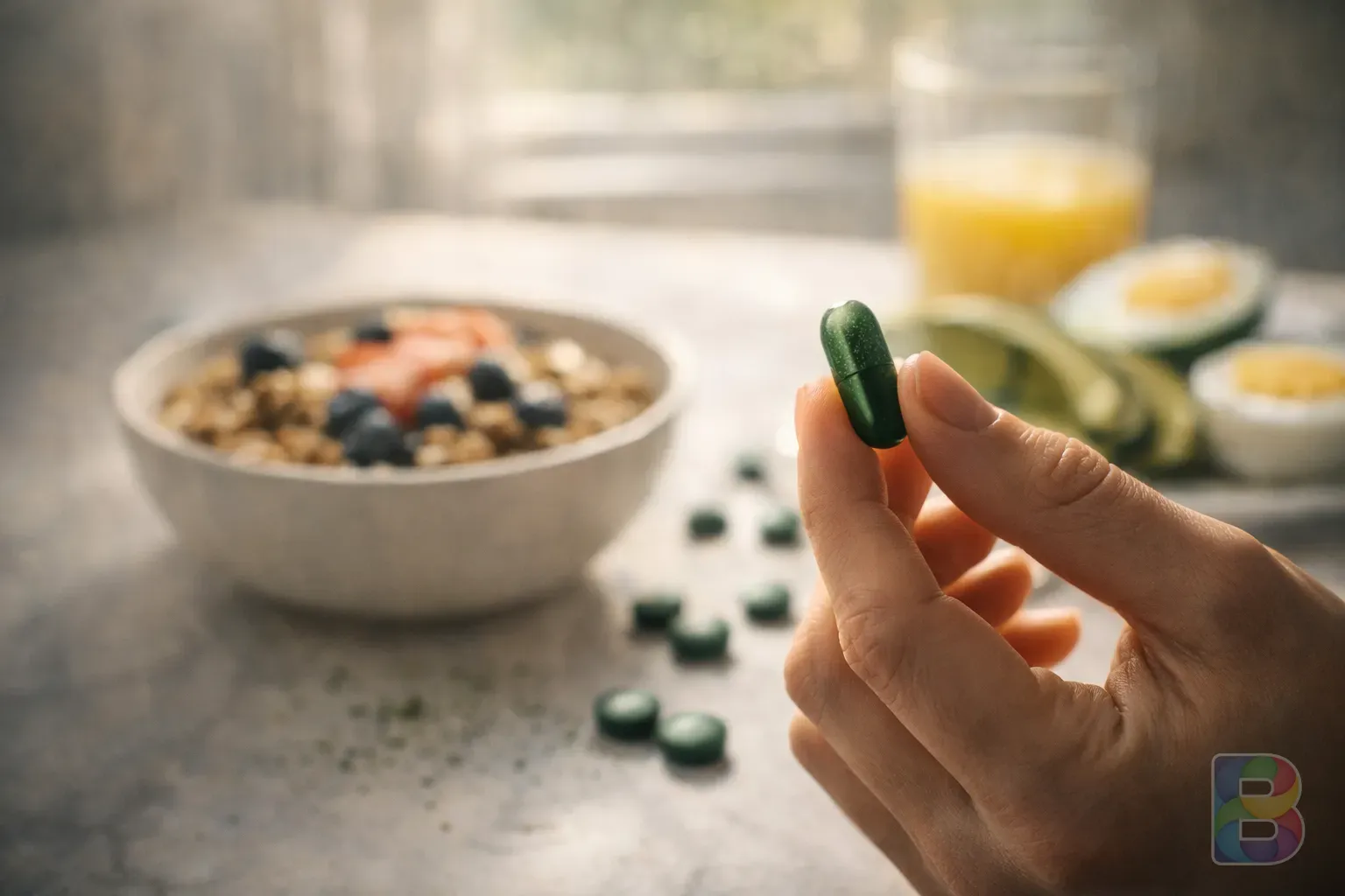 photorealistic, a person's hand holding a green spirulina capsule against a soft-focus background of a healthy morning breakfast, cinematic soft lighting