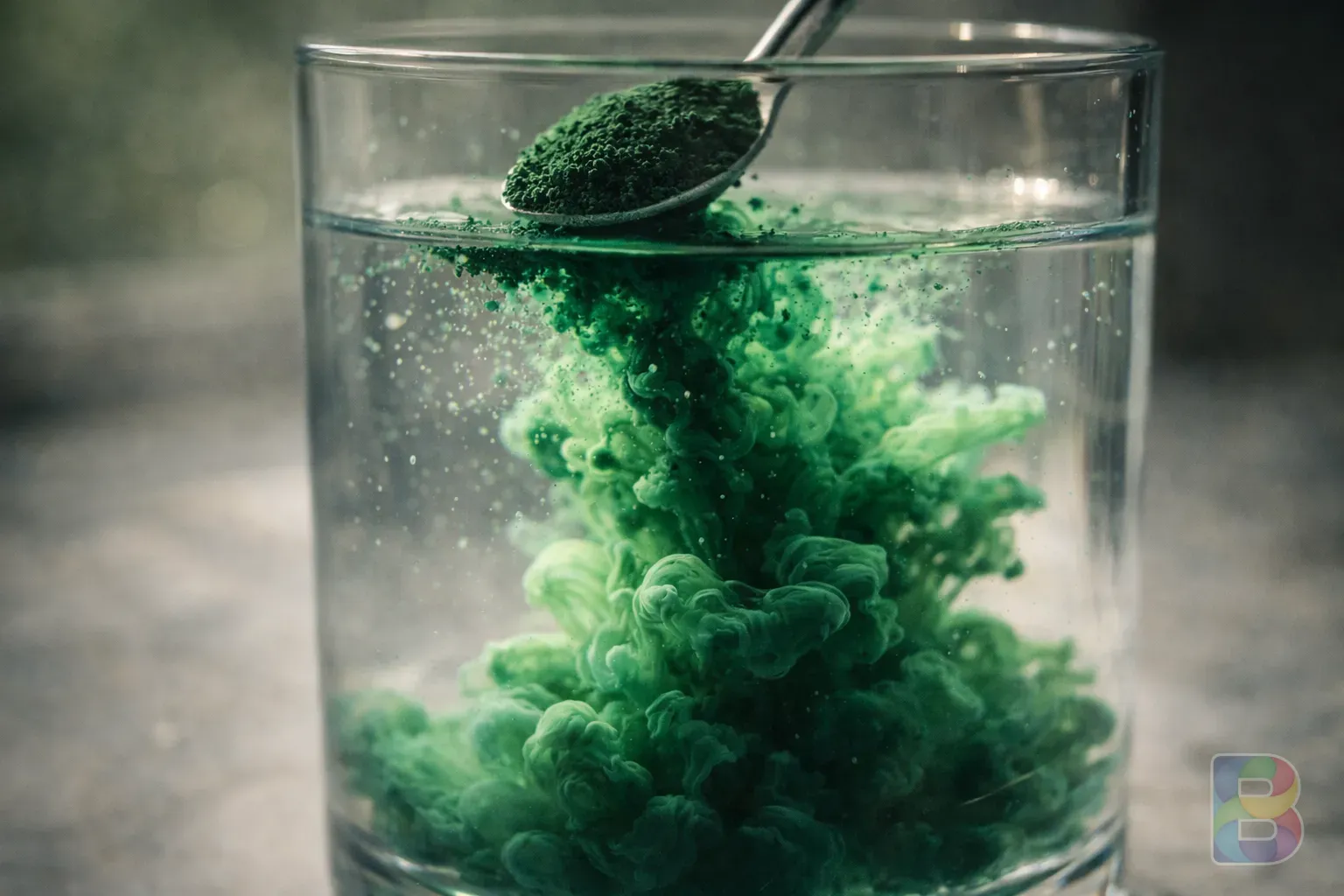 photorealistic, macro shot of spirulina powder being stirred into a glass of clear water, swirling emerald green clouds, cinematic high speed photography