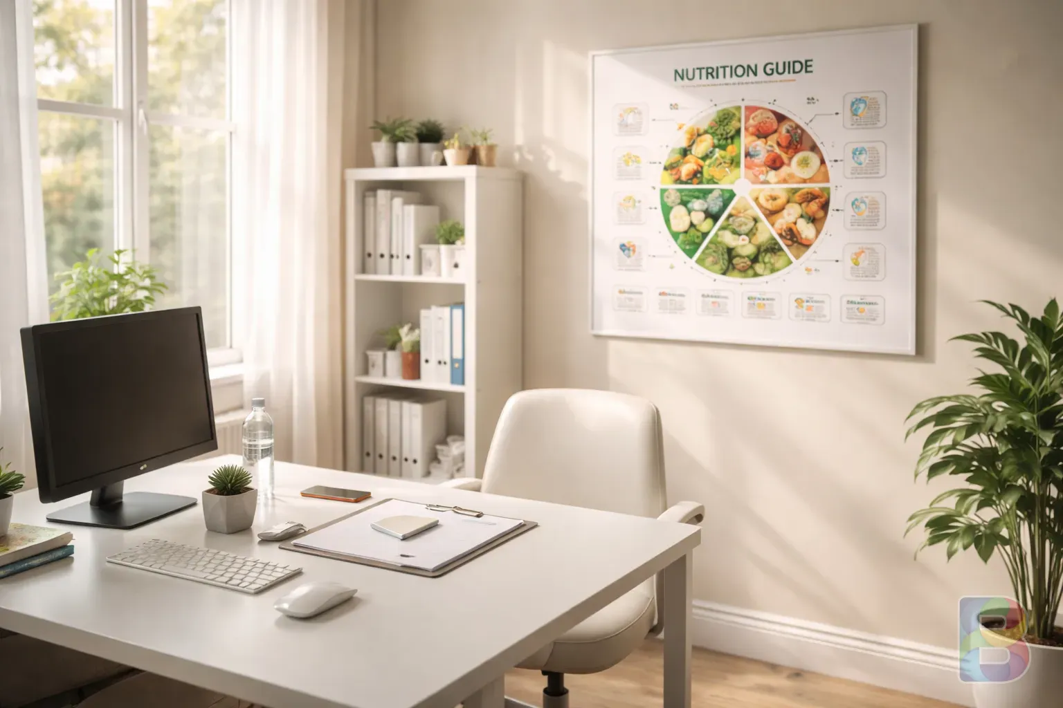photorealistic, a clean doctor's office with a nutritional chart, sunlight streaming through the window, calm and professional atmosphere