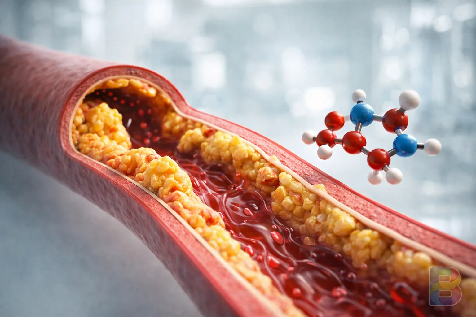 photorealistic, a 3D medical illustration of a human artery with cholesterol plaques and a statin molecule floating, clean clinical background, cinematic lighting