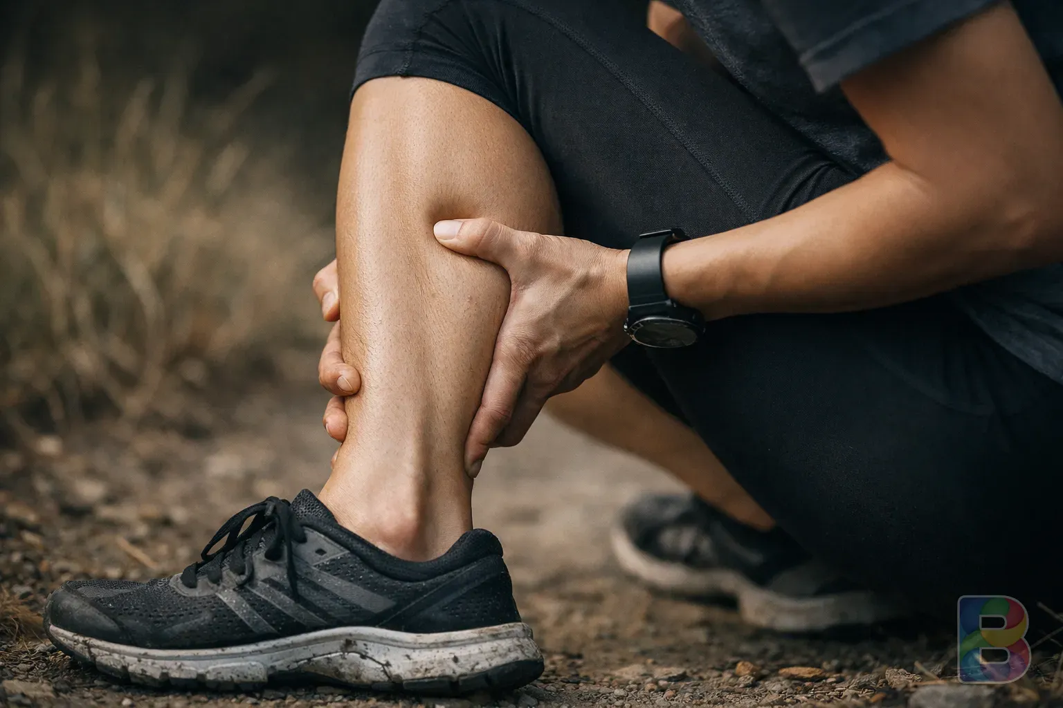 photorealistic, a person massaging their sore calf muscle after a walk, athletic wear, natural outdoor lighting, focused on the leg muscle, high detail