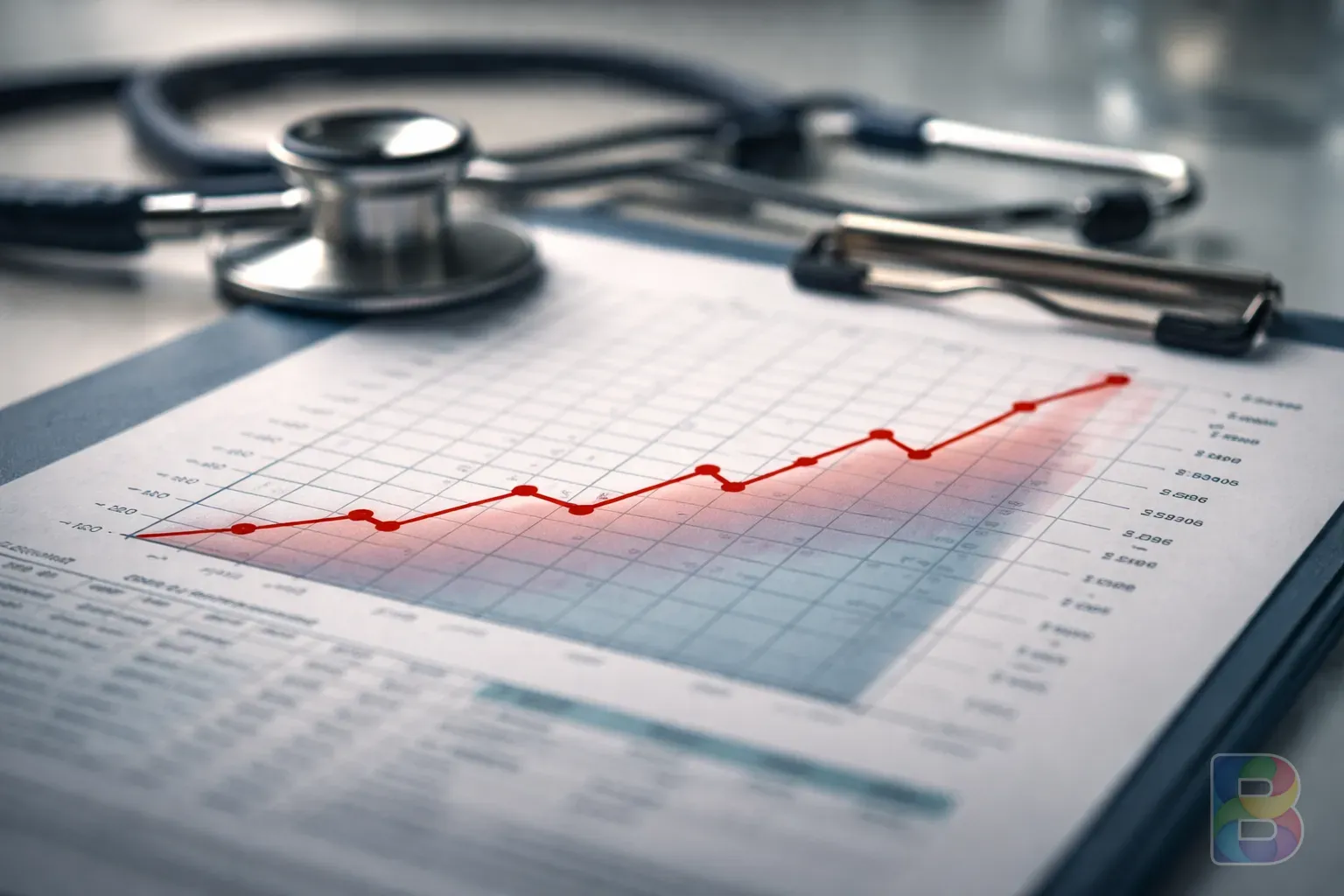 photorealistic, close-up of a medical chart showing a rising red line graph, clinical setting, stethoscope in the background, cinematic lighting