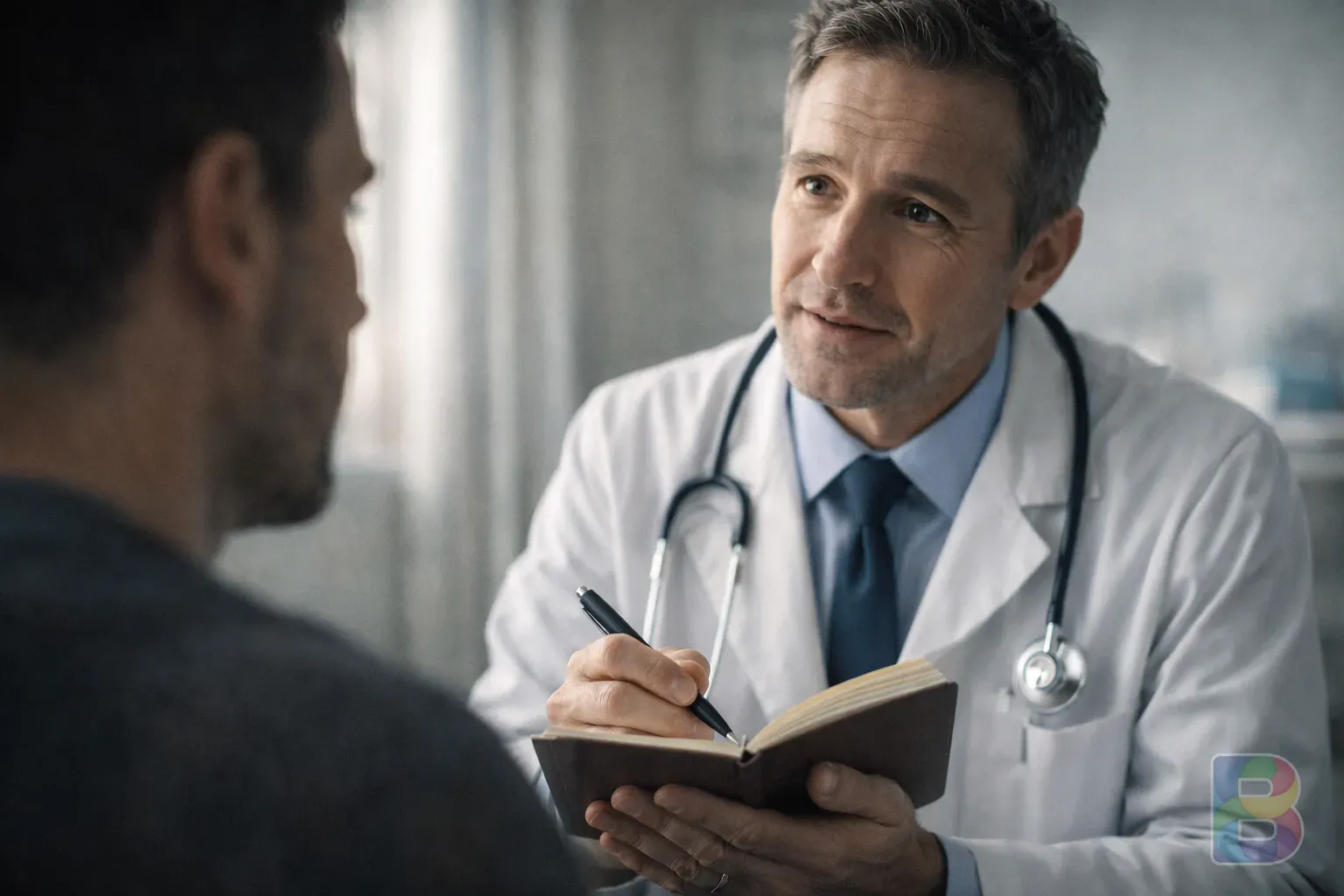 photorealistic, a doctor talking to a patient holding a notebook and pen, reassuring and professional atmosphere, shallow depth of field