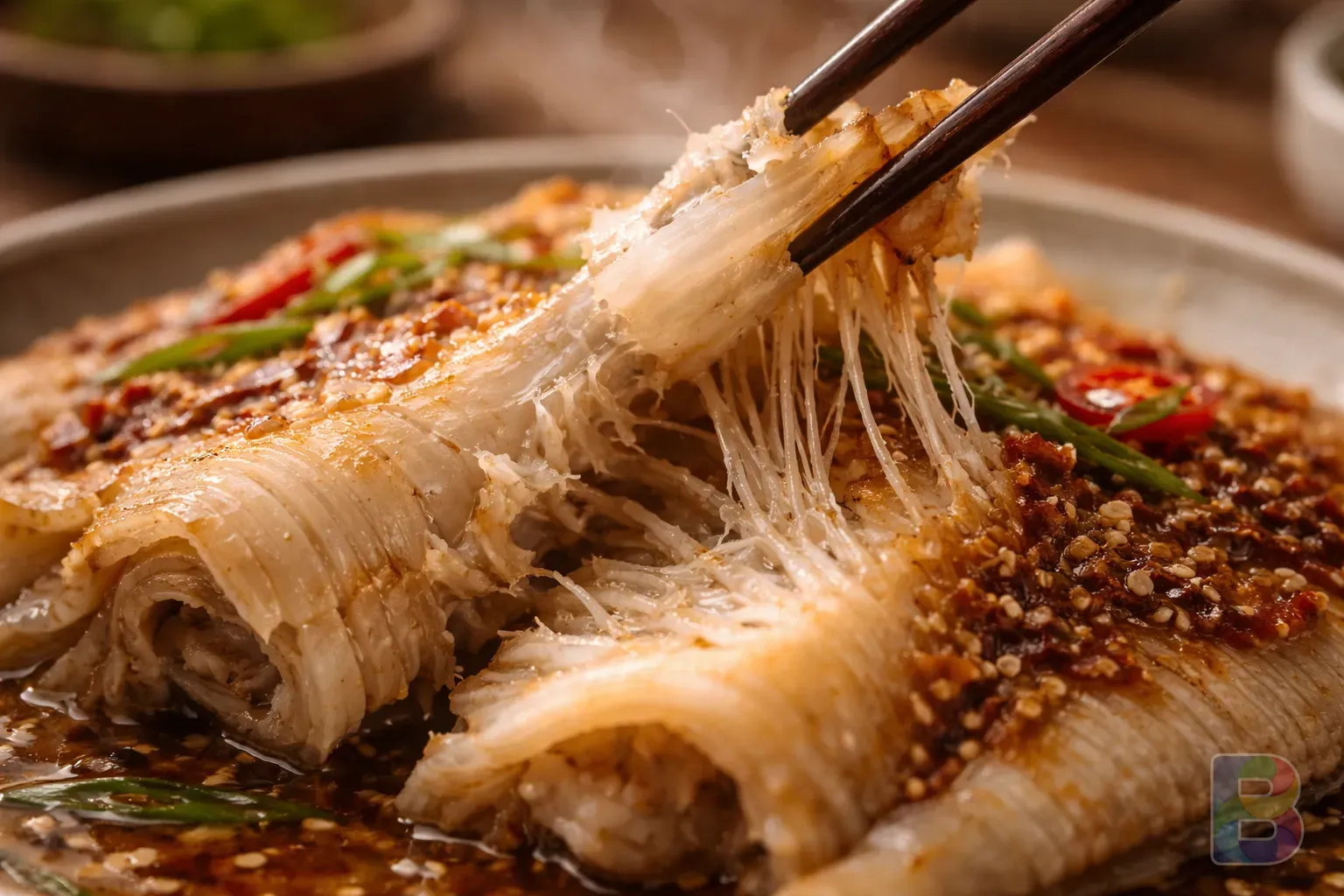 photorealistic, close-up of stingray cartilage and white meat, showing the unique texture and fiber, soft natural light, clean kitchen background, cinematic lighting