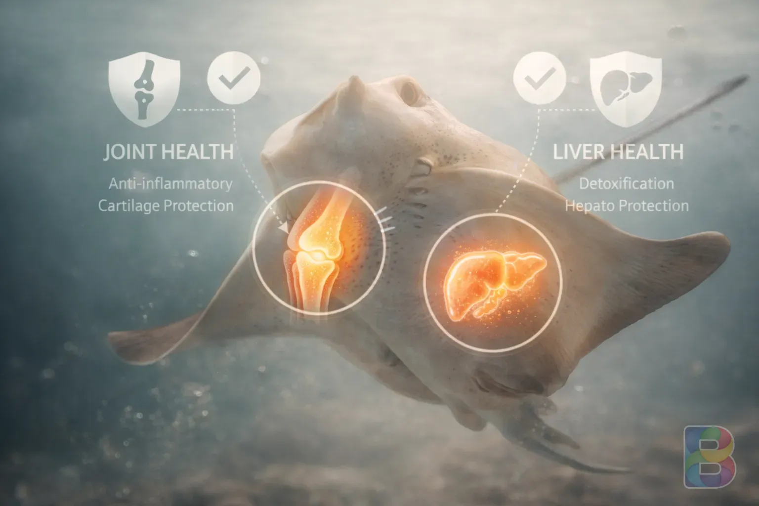 photorealistic, diverse health benefits icons subtly integrated with stingray imagery, focus on joints and liver, clean medical-infographic style, soft tones