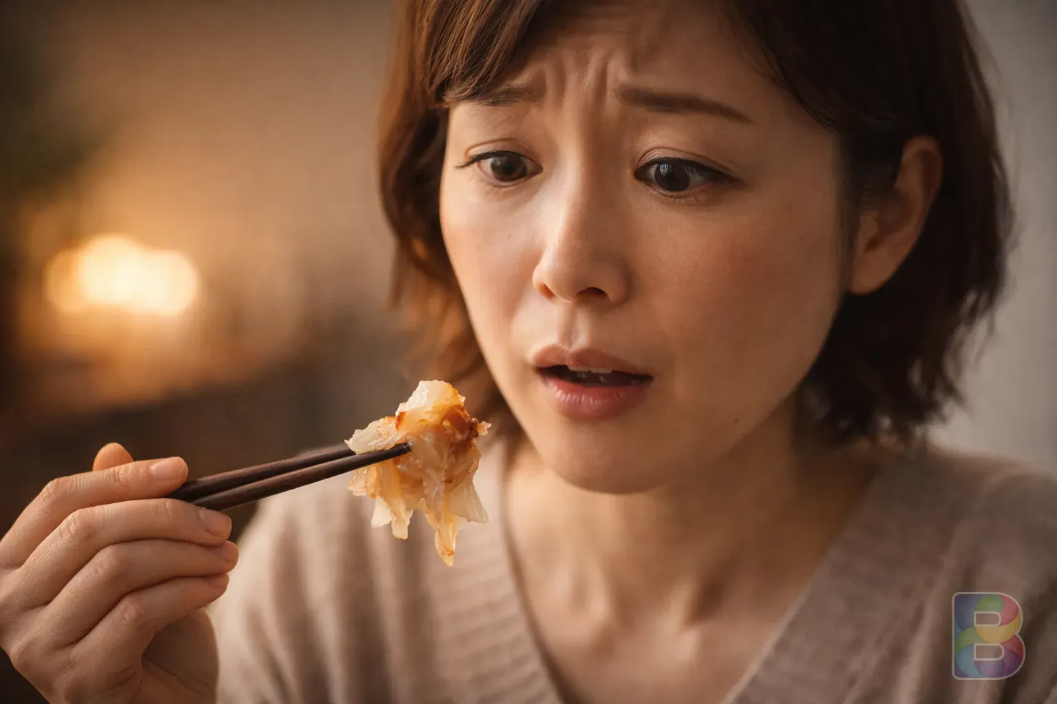 photorealistic, a person gingerly tasting a piece of fermented stingray, facial expression of mild surprise and curiosity, warm indoor lighting, cinematic atmosphere