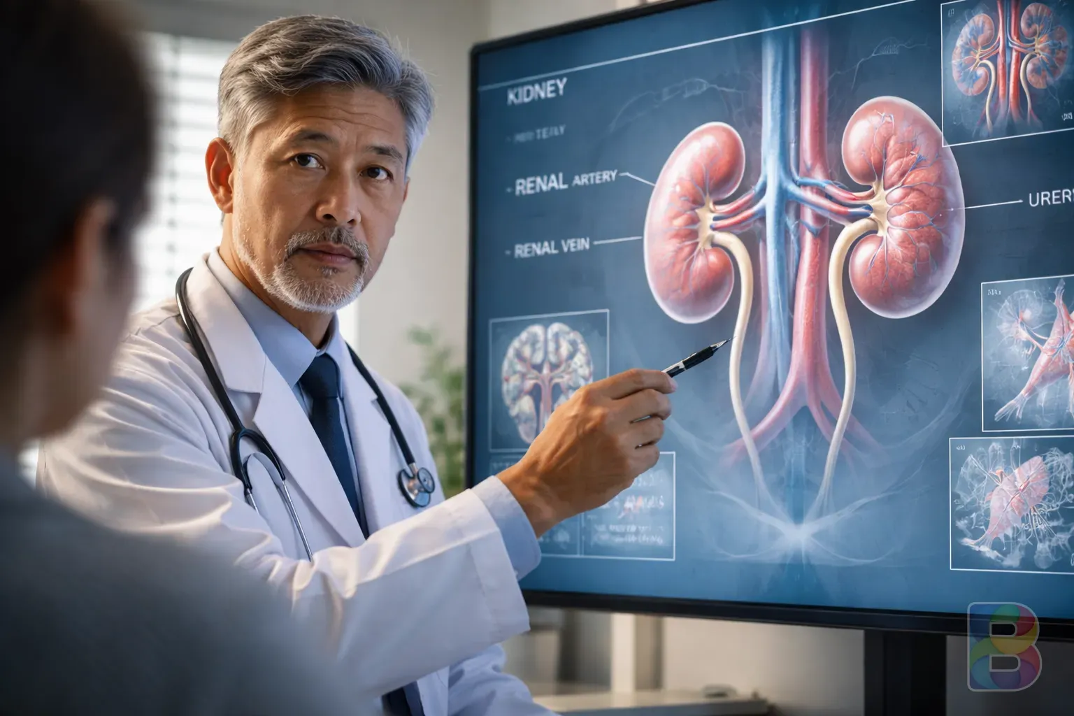 photorealistic, doctor pointing at a kidney diagram on a screen, professional clinical setting, focused and serious atmosphere, cinematic lighting