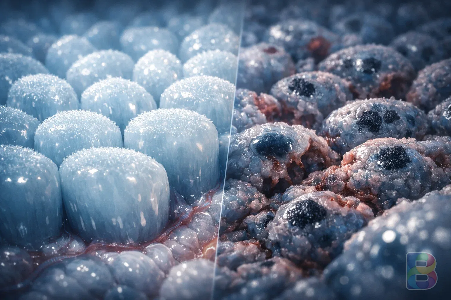 photorealistic, microscopic view of stomach lining cells, healthy vs abnormal cell comparison, clinical blue and white tones, high quality medical visualization