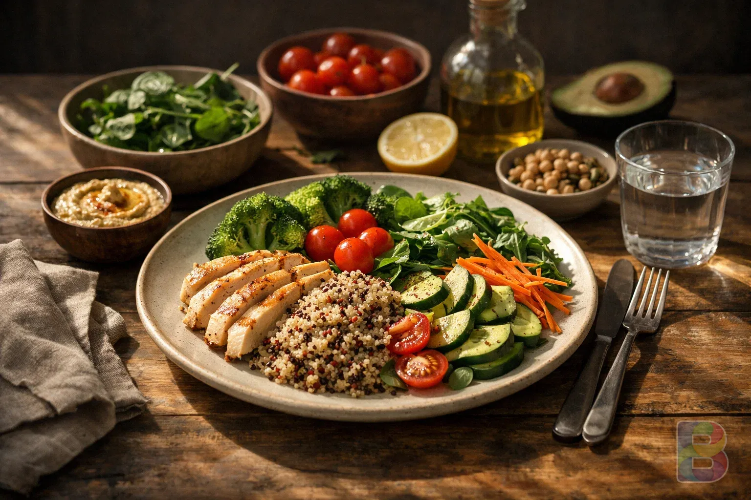 photorealistic, a healthy meal with fresh vegetables and grains on a wooden table, soft sunlight, cinematic photography, focus on balanced nutrition