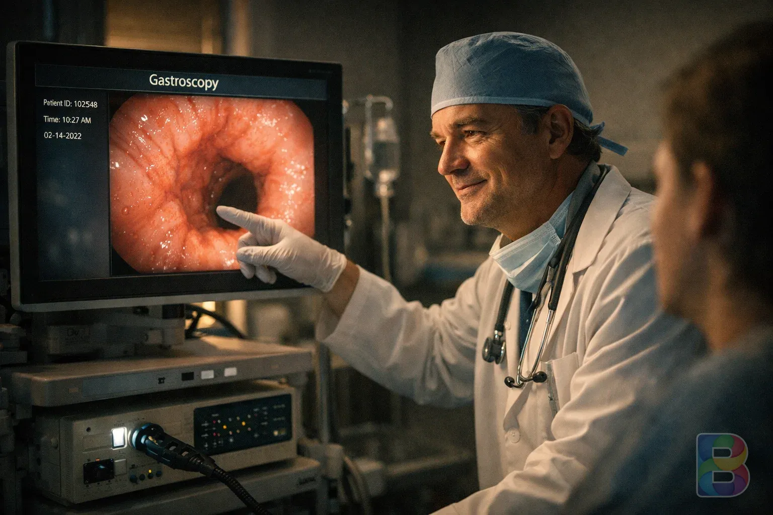photorealistic, a doctor pointing at a gastroscopy screen showing a clear image, professional medical setting, reassuring mood, cinematic lighting
