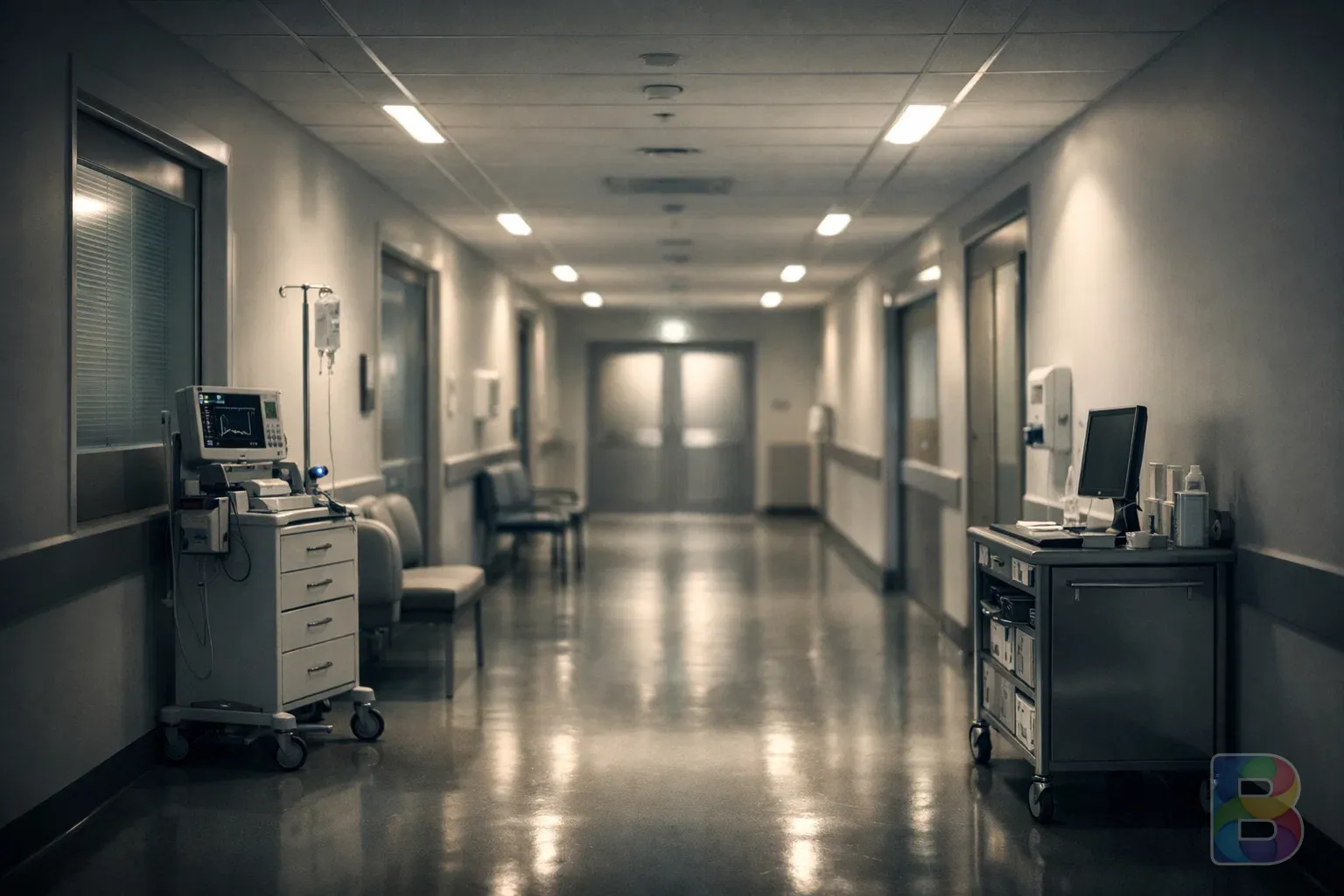 photorealistic, modern hospital hallway with clean white lines and soft lighting, professional and calm atmosphere, high quality photography