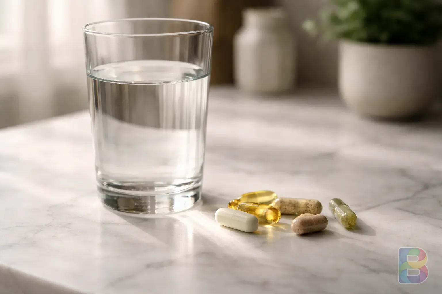 photorealistic, a glass of water and several natural supplement capsules on a clean white marble surface, soft natural lighting, high detail, medical aesthetic