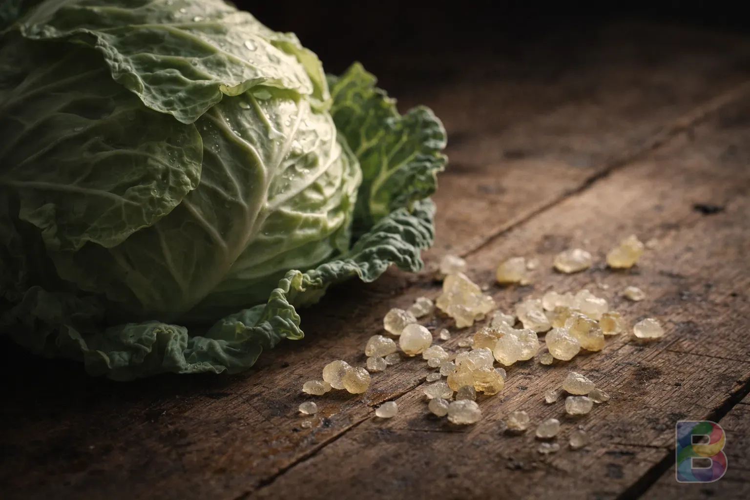 photorealistic, detailed shot of green cabbage and mastic resin tears on a rustic wooden table, soft cinematic lighting, organic textures