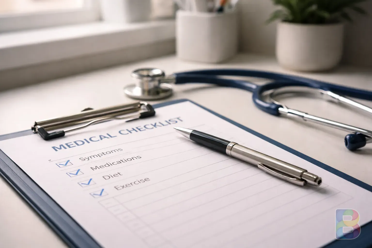 photorealistic, close-up of a medical checklist and a stethoscope on a desk, clean clinical environment, professional and reassuring