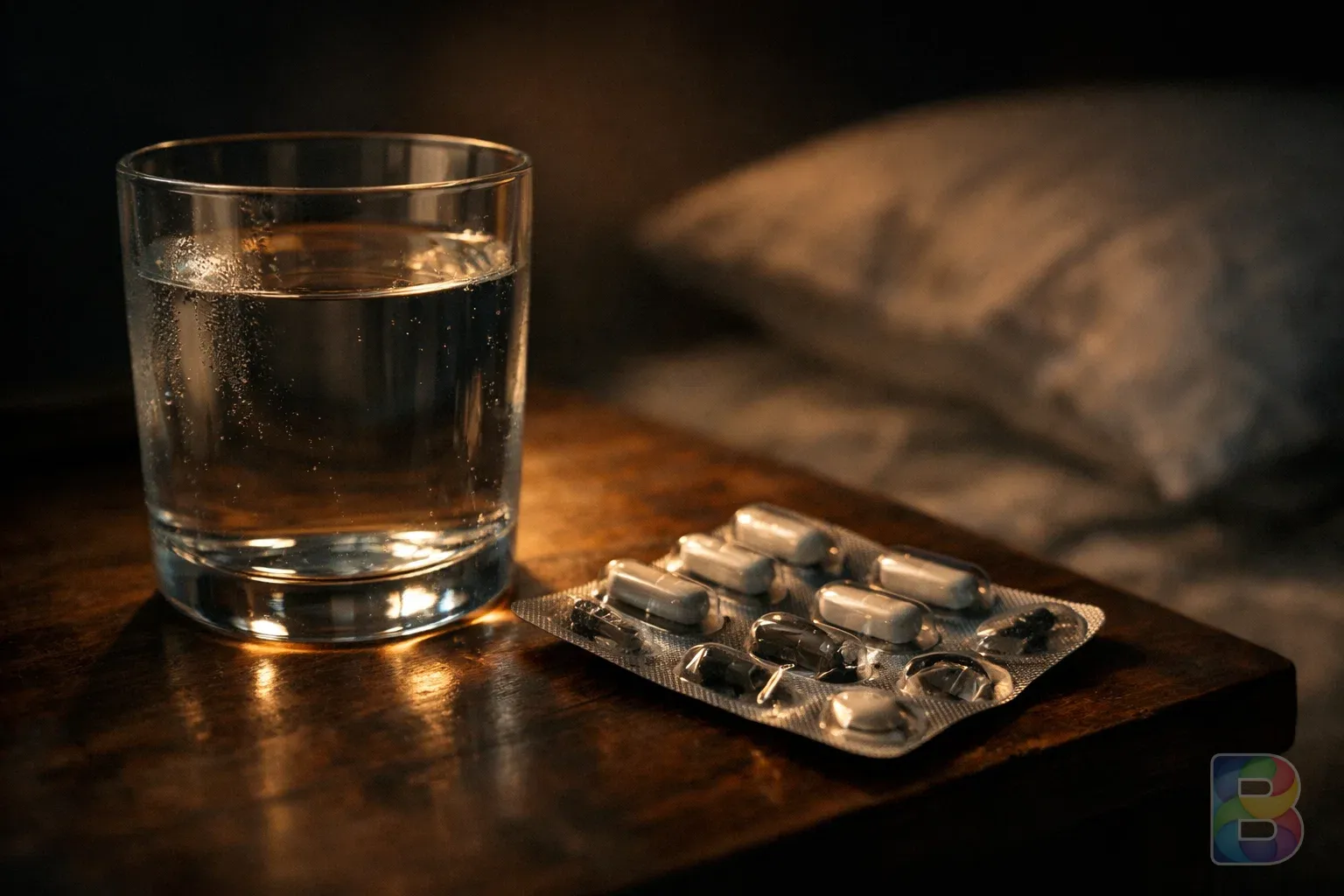 photorealistic, macro shot of a glass of water and a blister pack of medicine on a wooden bedside table, moody lighting, cinematic, 8k