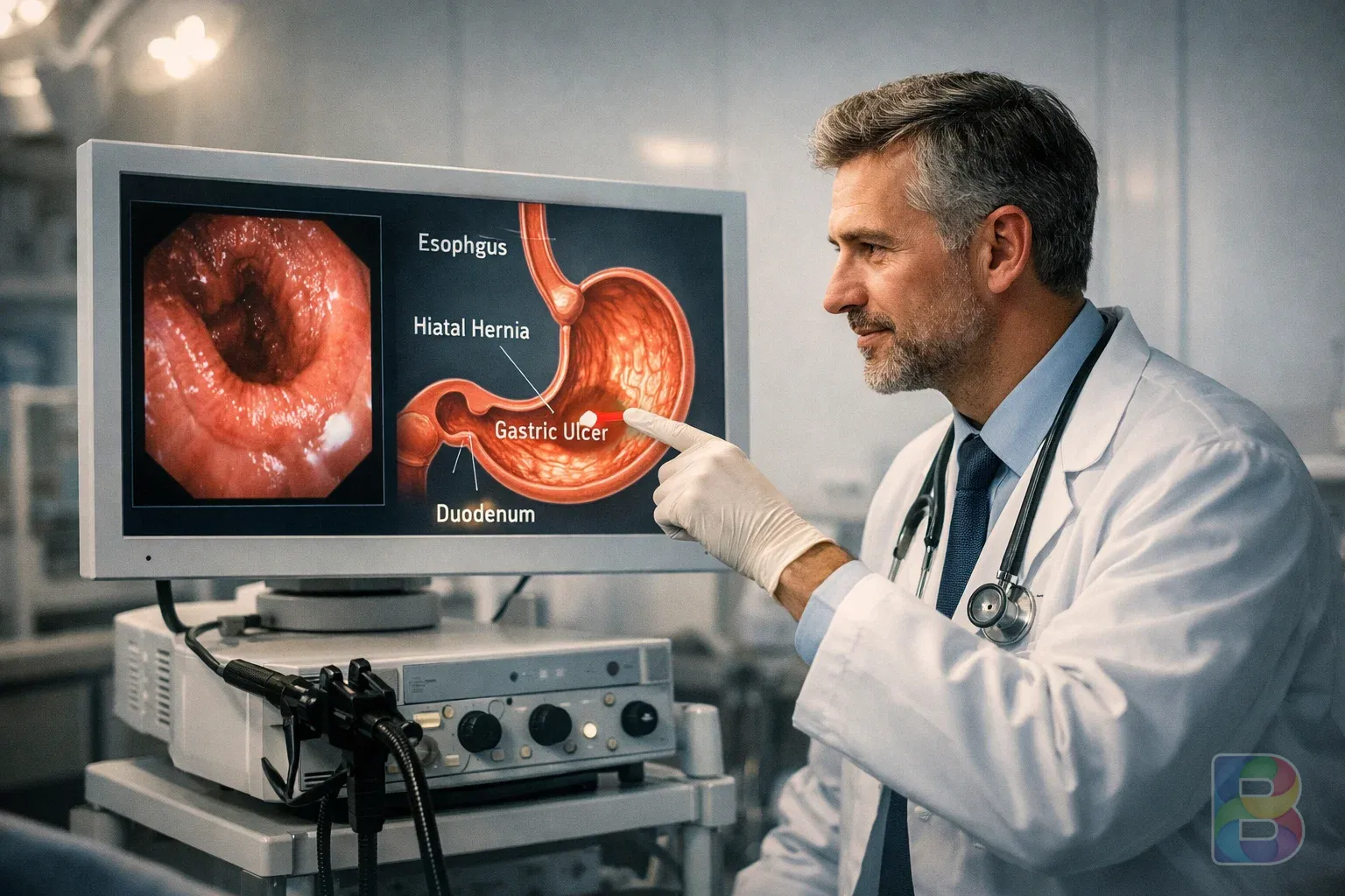 photorealistic, doctor pointing at a gastroscopy screen showing a stomach diagram, professional clinic setting, clean white environment, high detail