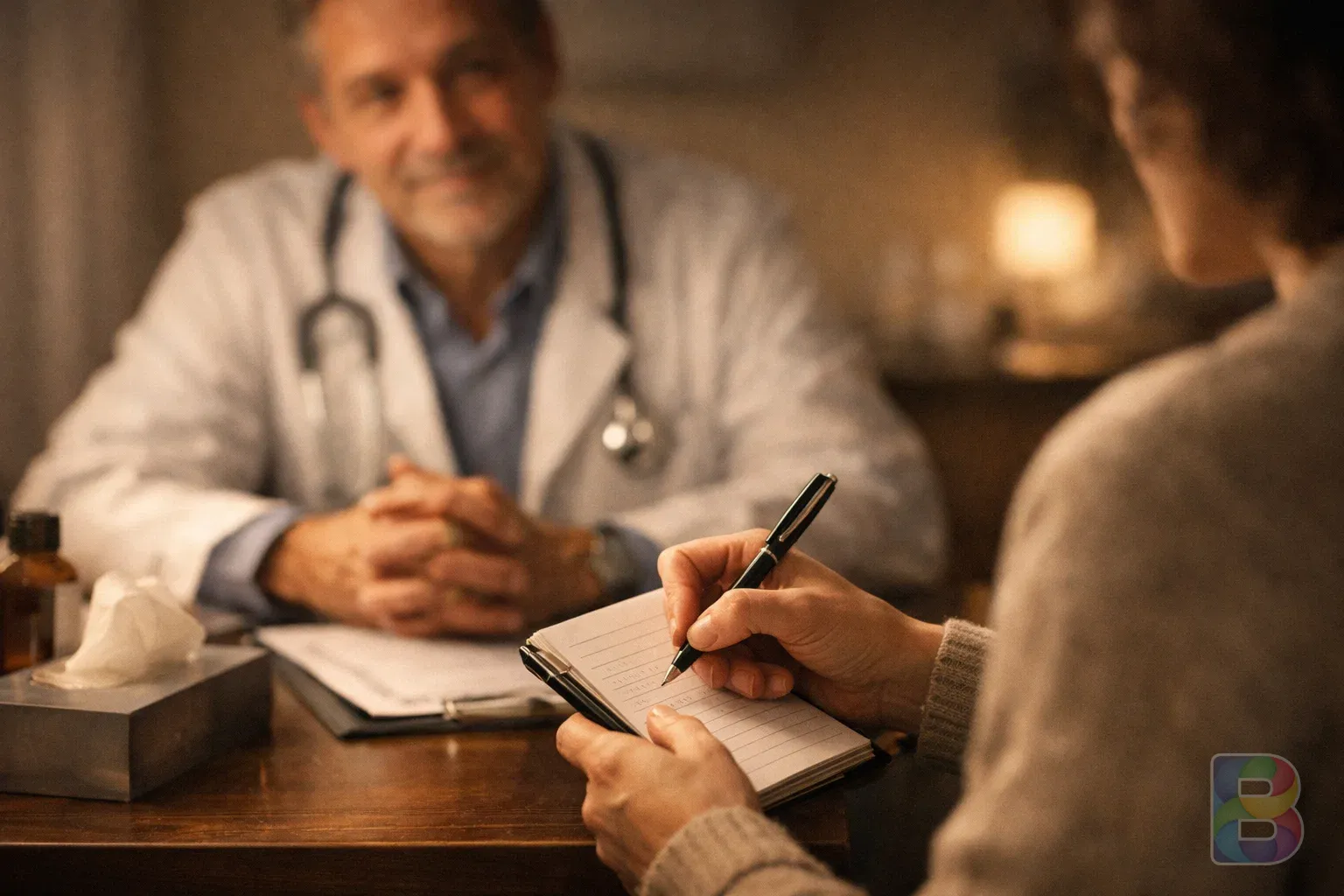 photorealistic, close-up of a patient taking notes during a consultation with a doctor, warm lighting, reassuring atmosphere