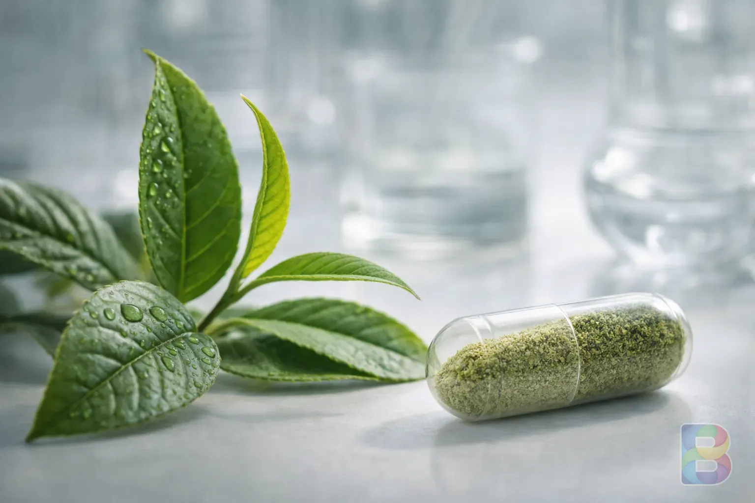 photorealistic, close-up of green tea leaves and a transparent capsule containing powder, clean laboratory background with soft focus, high detail, cinematic lighting