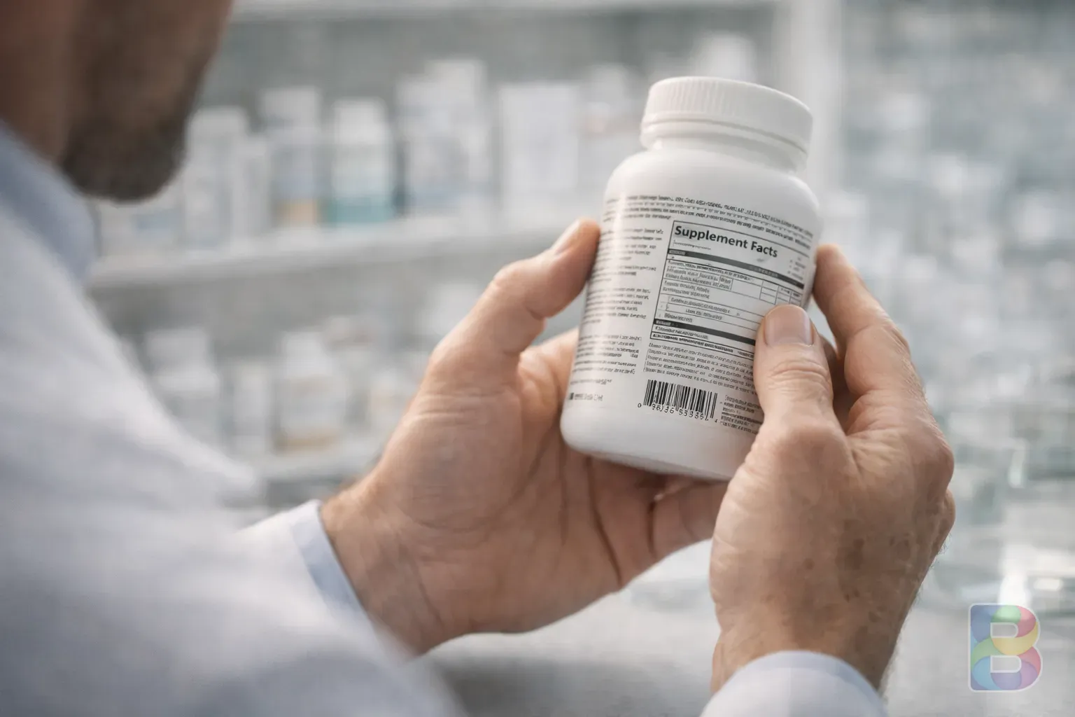 photorealistic, person examining a supplement bottle label with focus and care, pharmaceutical setting, clean clinical light, shallow depth of field