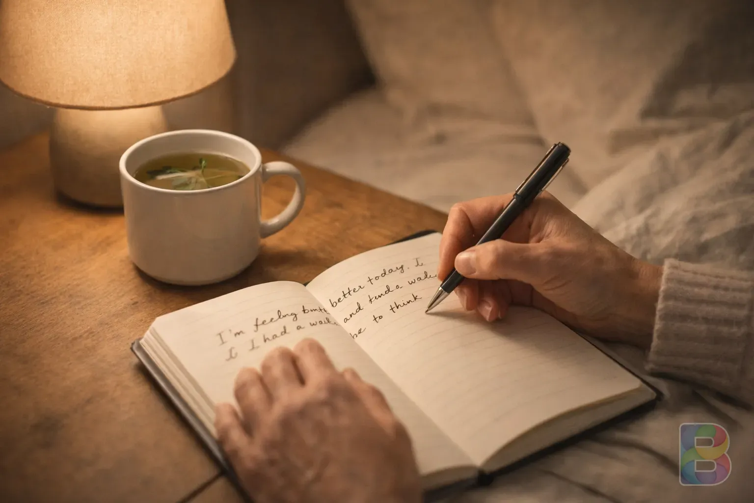 photorealistic, person writing down their feelings in a journal with a cup of herbal tea, soft bedside lamp light, cozy and reflective mood, cinematic lighting