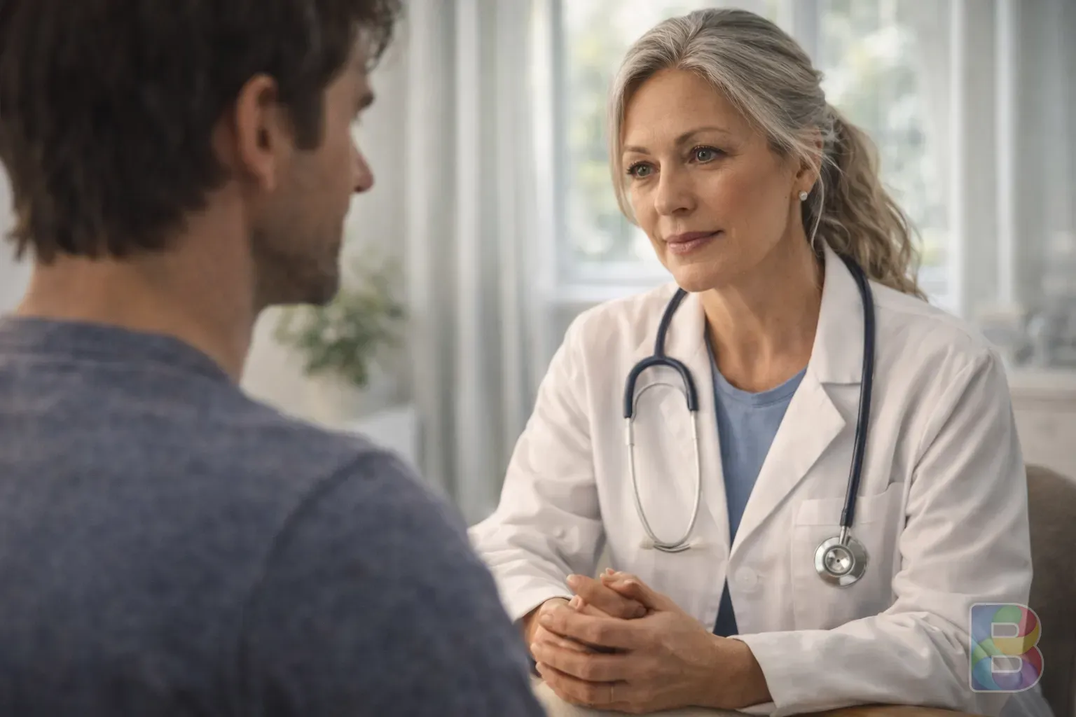 photorealistic, medical professional talking to a patient in a bright consultation room, focused and empathetic expression, clinical but warm lighting