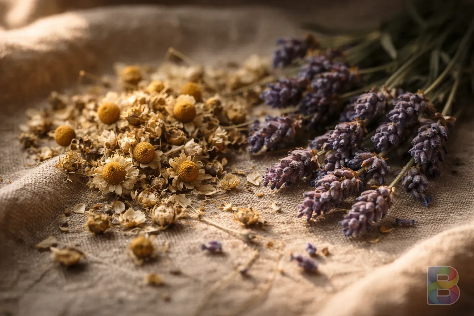 photorealistic, detail shot of dried chamomile flowers and lavender sprigs on a rustic linen cloth, soft natural light, macro photography, high detail