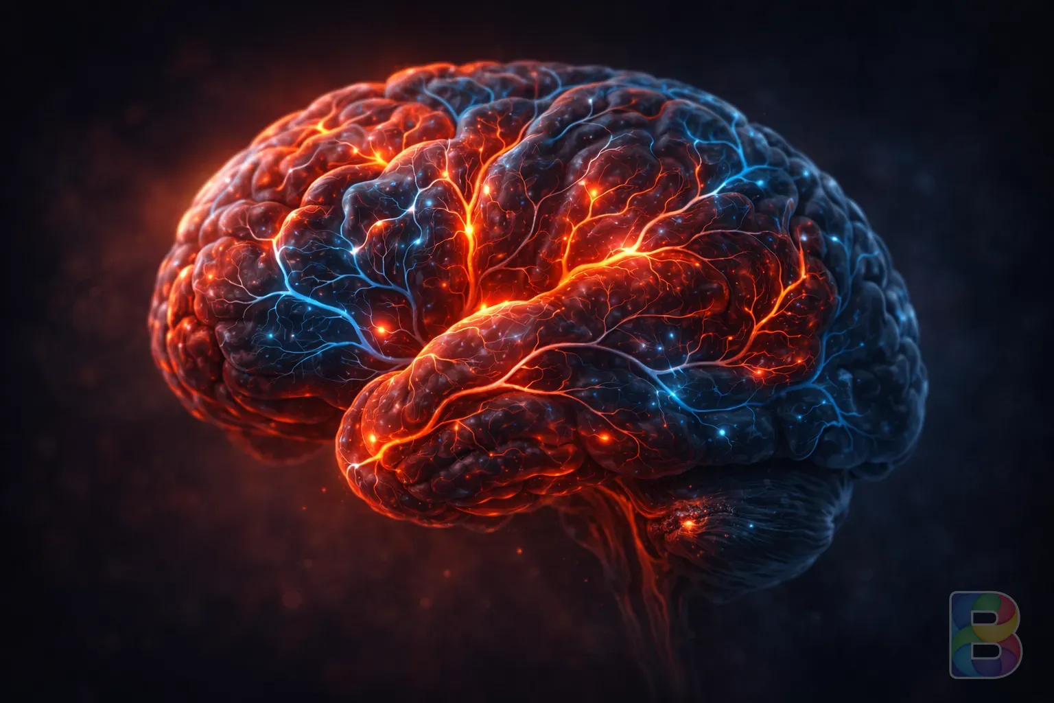 photorealistic, anatomical visualization of a human brain with glowing red and blue vascular networks, dark background, cinematic lighting, medical illustration style