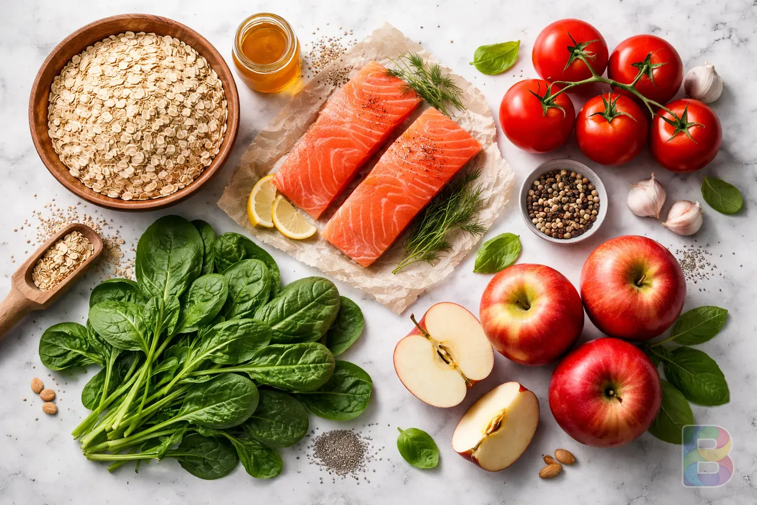 photorealistic, top-down view of five healthy ingredients: oats, salmon, tomatoes, spinach, and apples, arranged artistically on a white marble surface, vibrant colors, clean aesthetic