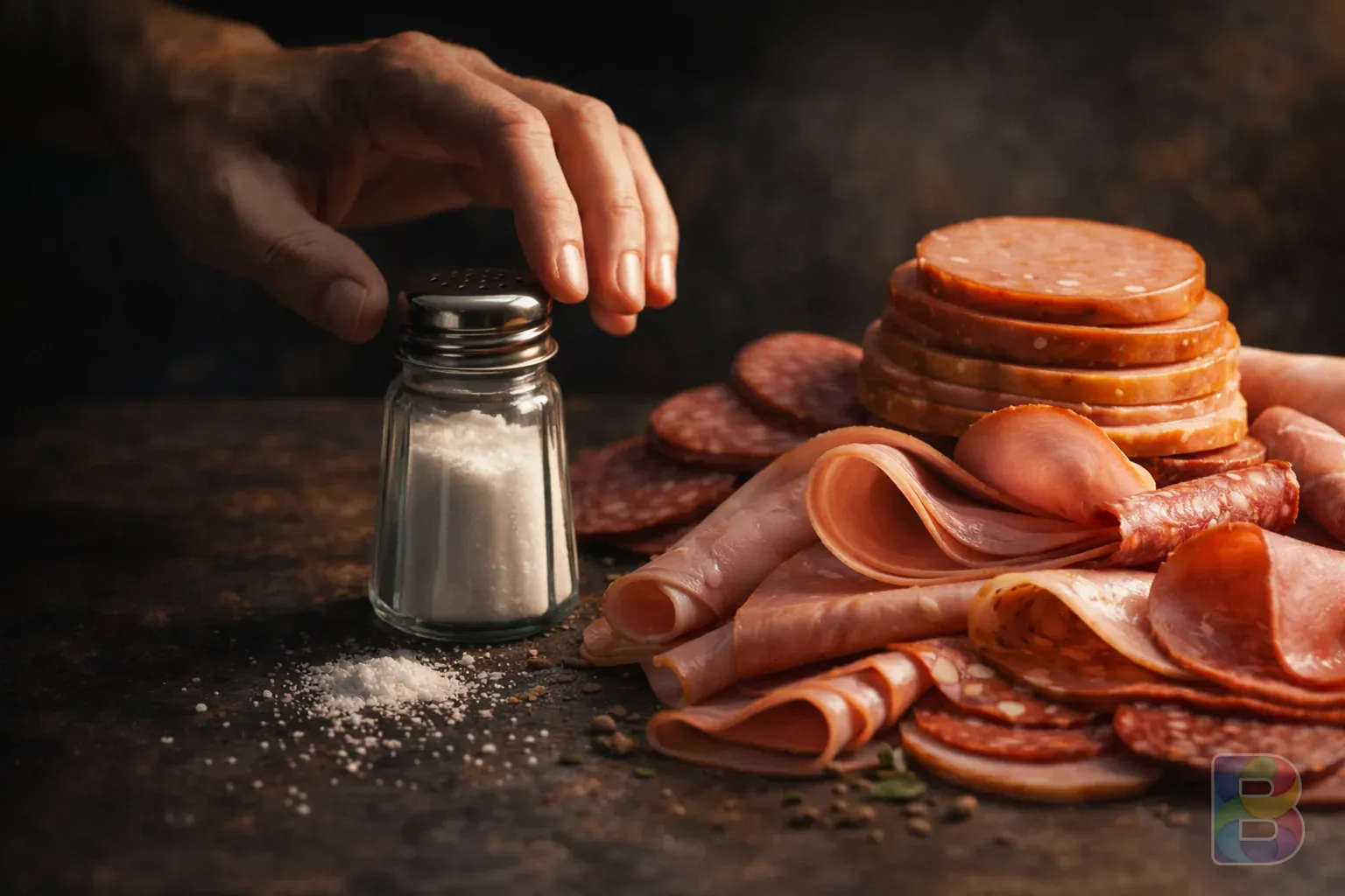 photorealistic, close-up of a hand reaching for a salt shaker and a pile of processed deli meats, moody lighting, warning atmosphere