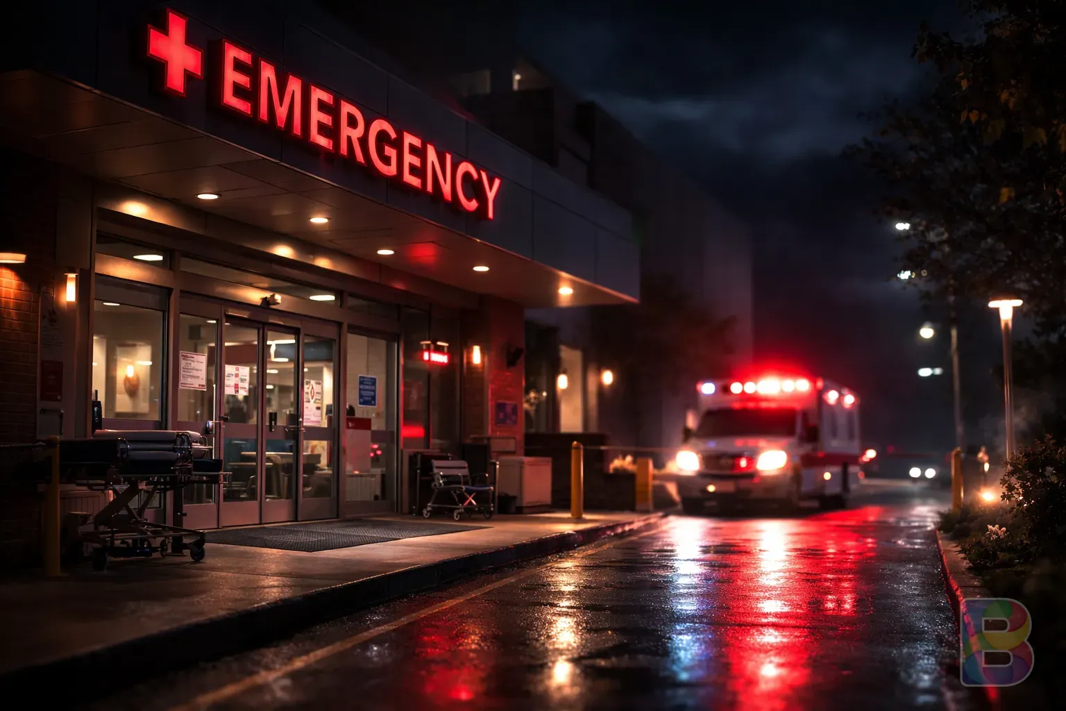 photorealistic, emergency room entrance at night with ambulance lights blurred in the background, sense of urgency and importance