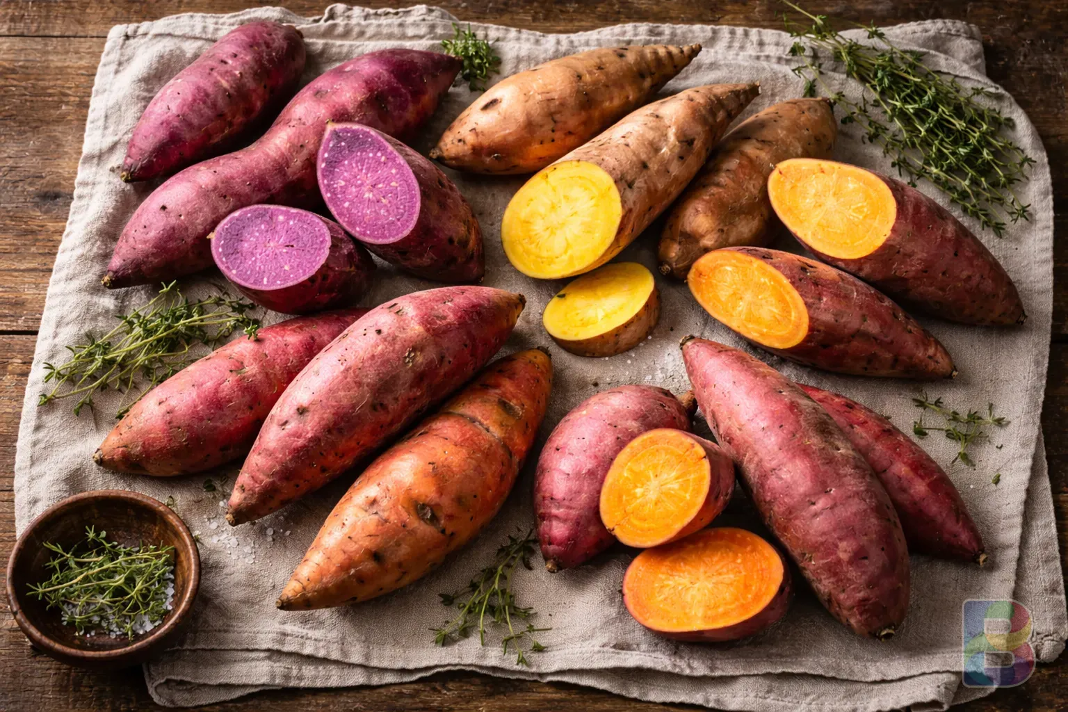 photorealistic, flat lay of various types of sweet potatoes, purple, yellow, and red skins, arranged on a linen cloth, soft natural daylight, high detail texture
