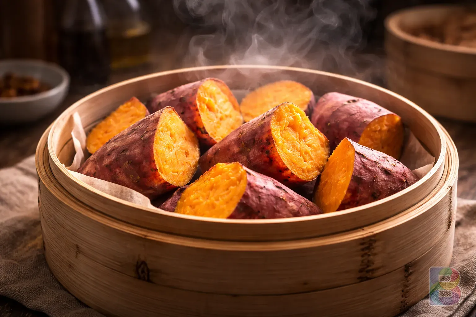 photorealistic, steam rising from a traditional bamboo steamer with cut sweet potatoes inside, soft focus background, kitchen scene, cinematic lighting