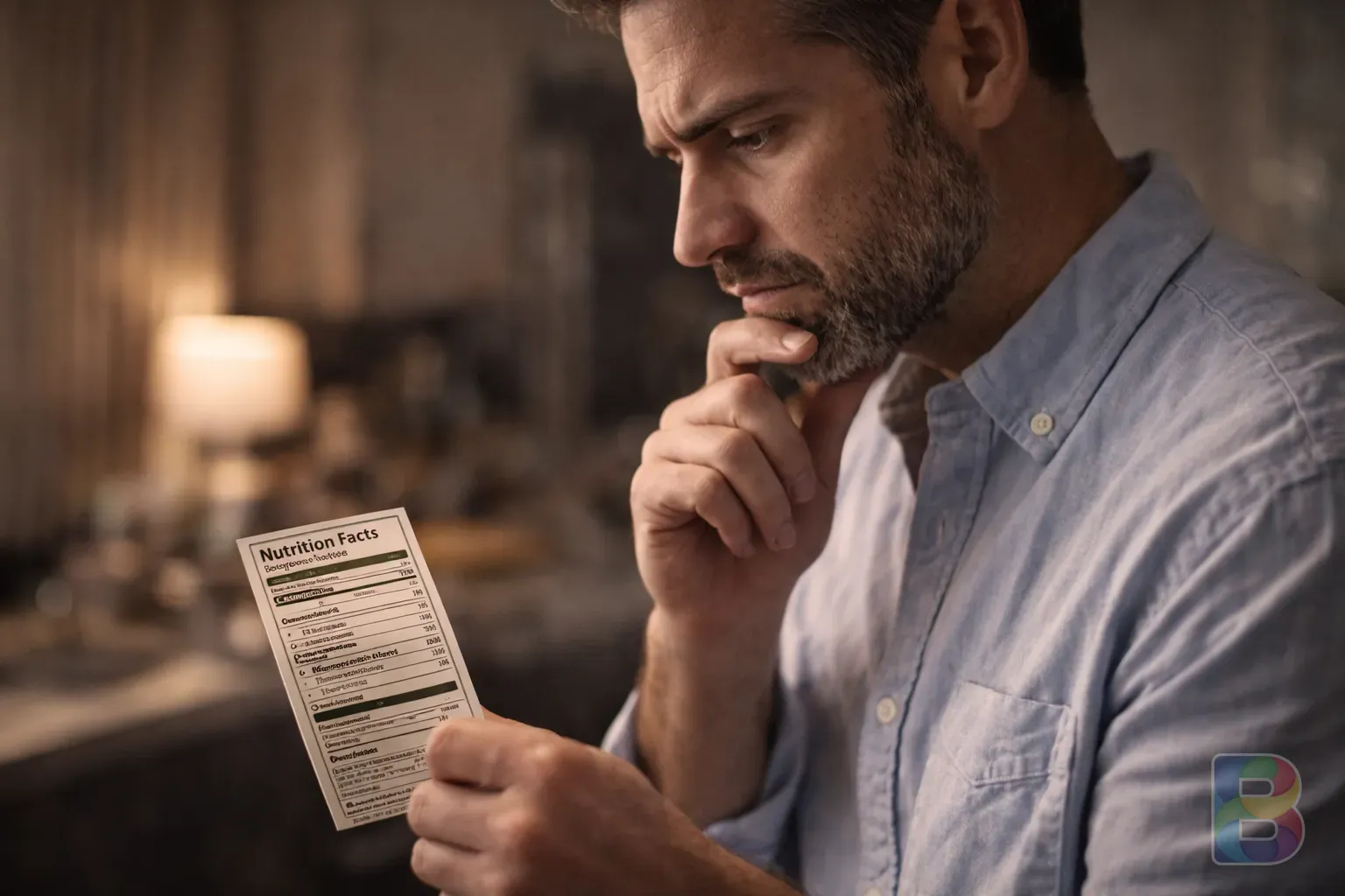 photorealistic, close-up of a person looking thoughtful while reading a food label, soft indoor lighting, calm atmosphere