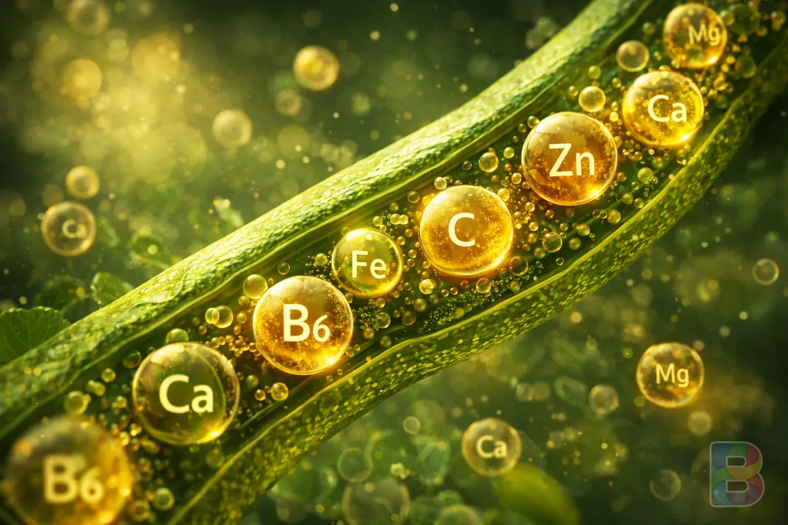 photorealistic, microscopic view style of vitamins and minerals flowing through a green plant vein, vibrant green and gold tones, cinematic lighting, scientific but artistic