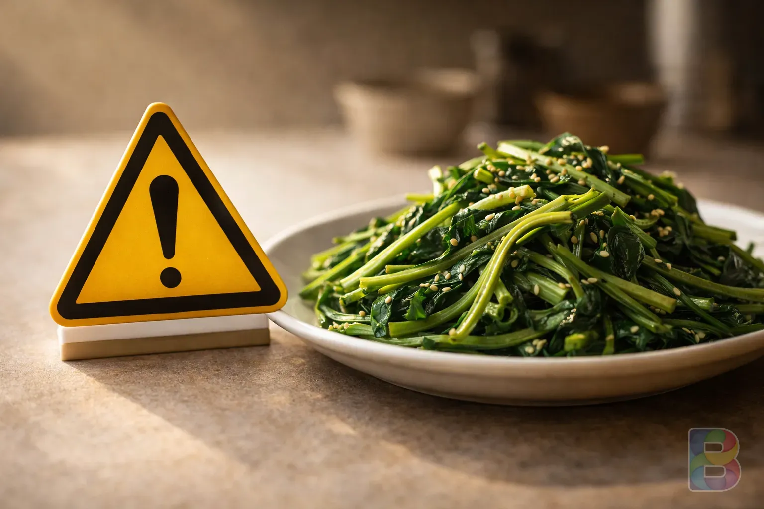 photorealistic, a warning sign next to a plate of greens, focus on the contrast between healthy food and caution, clinical but warm lighting