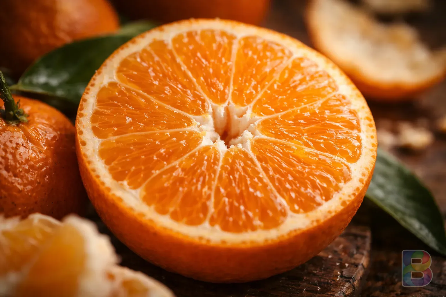 photorealistic, close-up of a tangerine cross-section showing juicy pulp, bright orange color, macro photography, soft natural light, cinematic textures