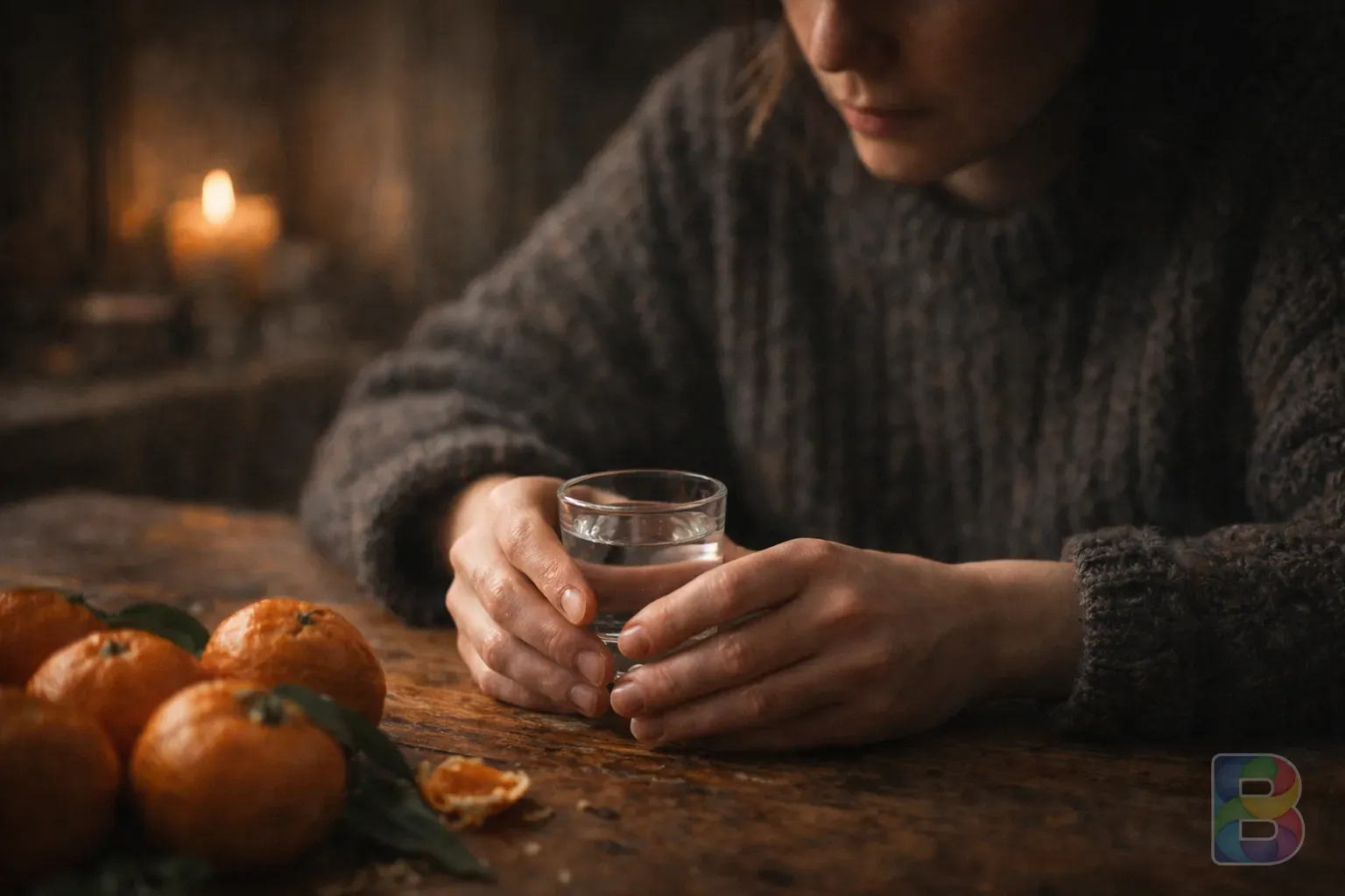 photorealistic, a person sitting at a wooden table with a few tangerines, looking at a small glass of water, soft moody indoor lighting, high detail