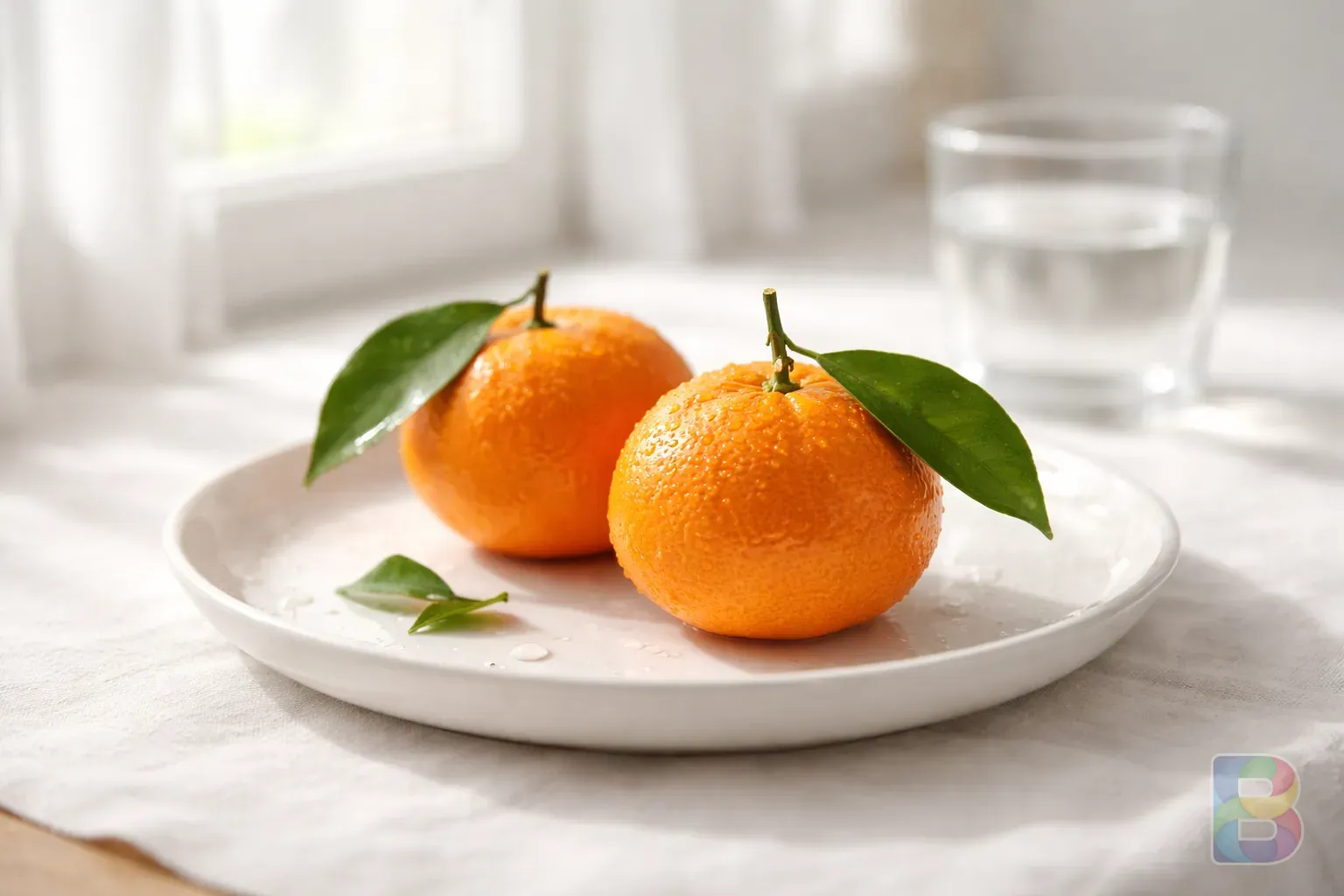 photorealistic, 2-3 clean tangerines placed on a white ceramic plate, minimalist composition, bright airy natural light, clinical yet warm feeling