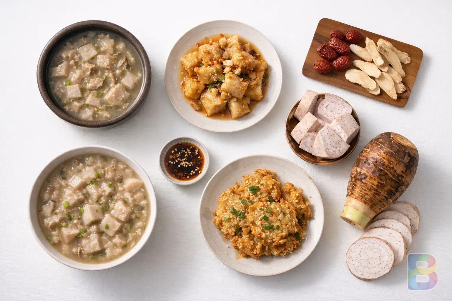 photorealistic, flat lay of various taro dishes, sliced taro, and medicinal herbs on a clean white background, clinical yet aesthetic food photography, bright soft lighting