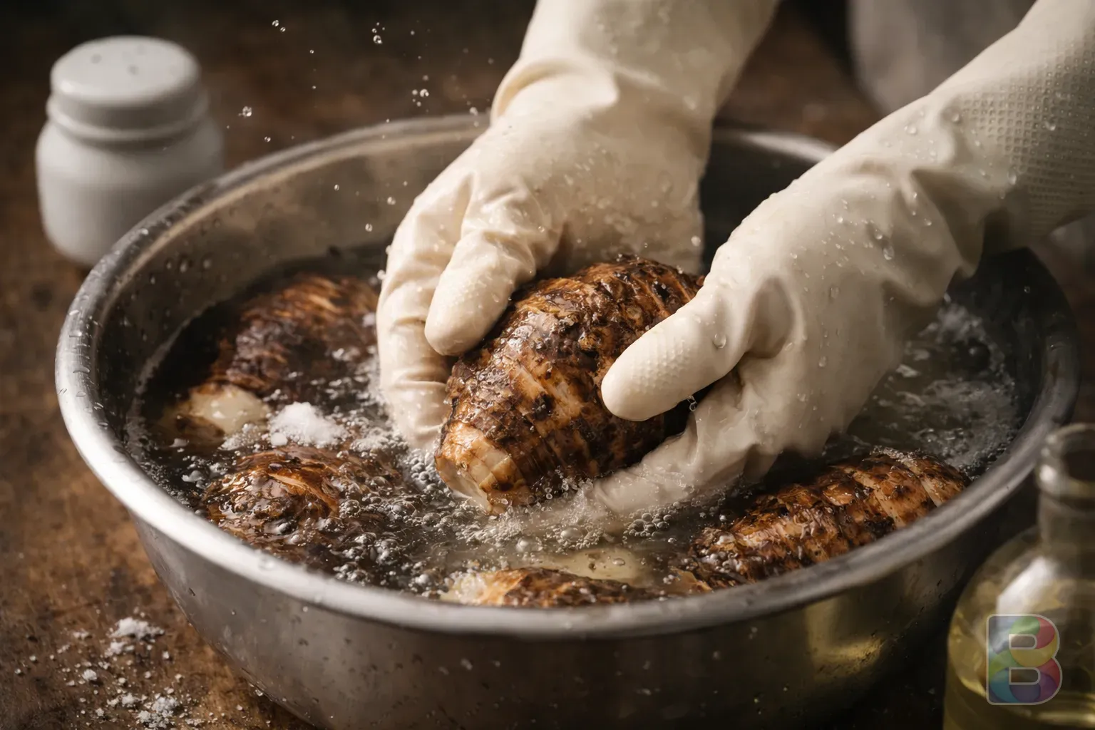photorealistic, detail shot of hands wearing rubber gloves washing taro in a bowl of water with salt and vinegar, water droplets, clean and fresh look