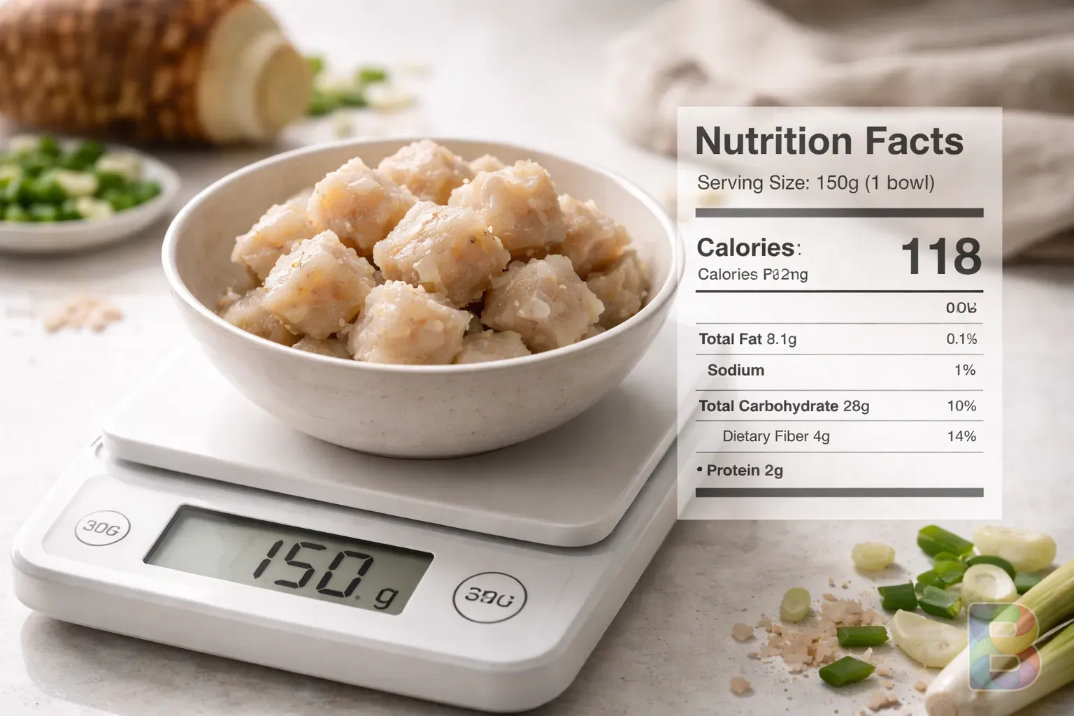 photorealistic, close-up of a kitchen scale weighing a portion of cooked taro, nutrition information label concept, bright clinical lighting