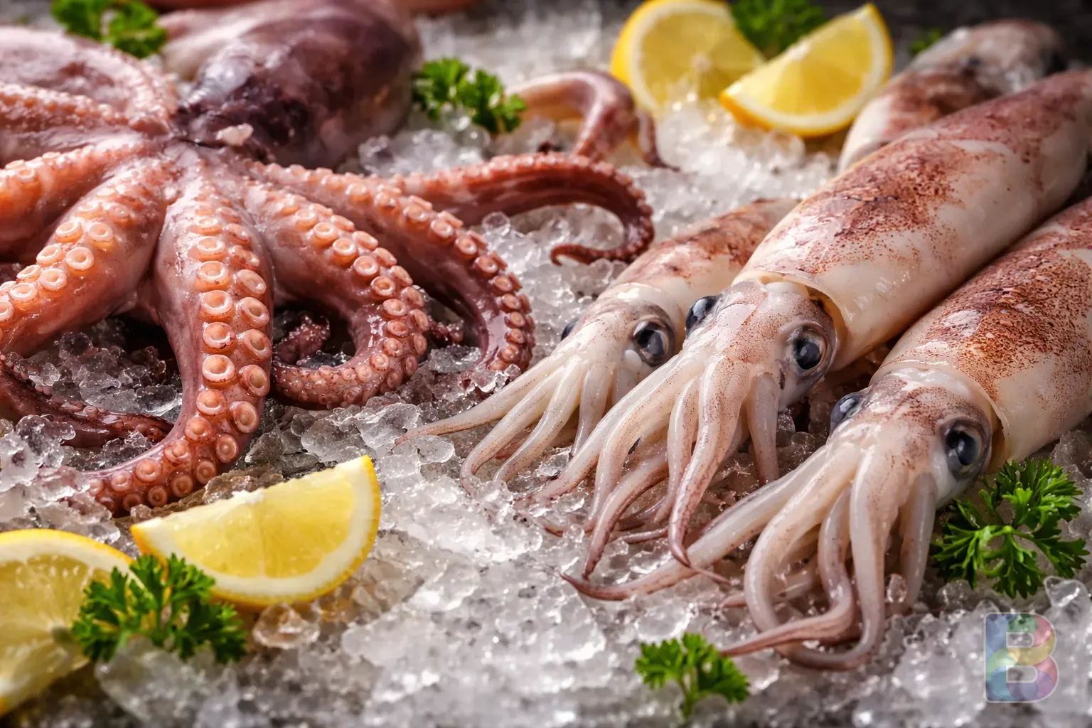 photorealistic, close-up of fresh seafood like octopus and squid on a bed of ice, vibrant colors, macro photography, soft natural lighting, high detail texture