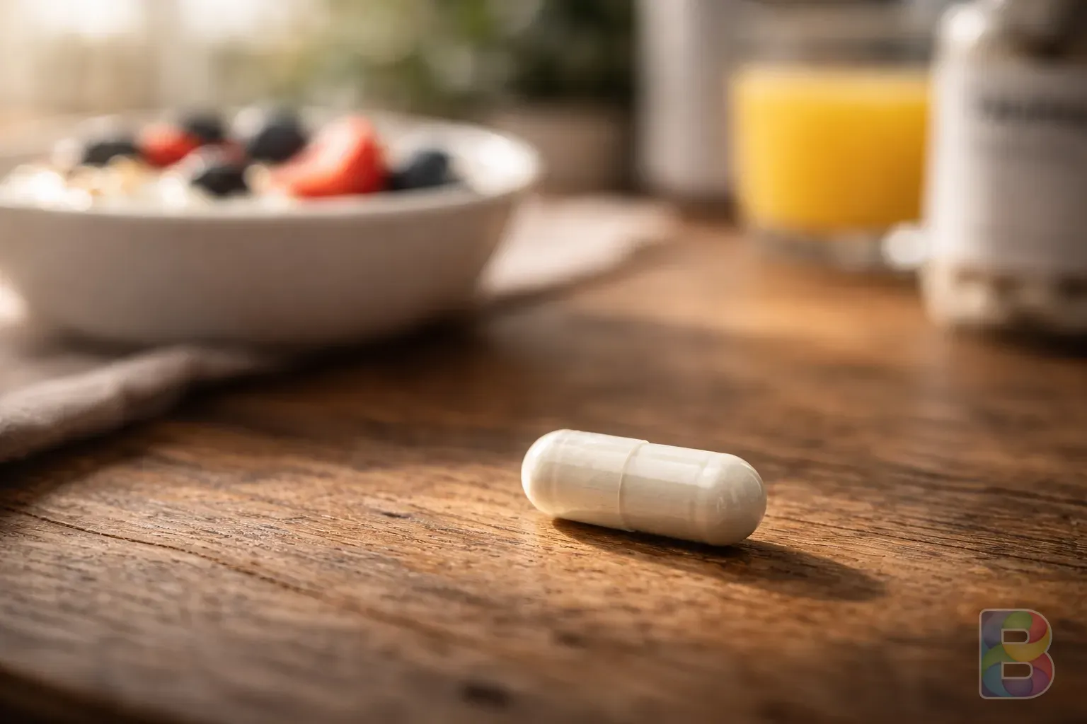 photorealistic, macro shot of a single taurine capsule on a wooden surface with a soft blurred background of a healthy breakfast, cinematic lighting, calm atmosphere