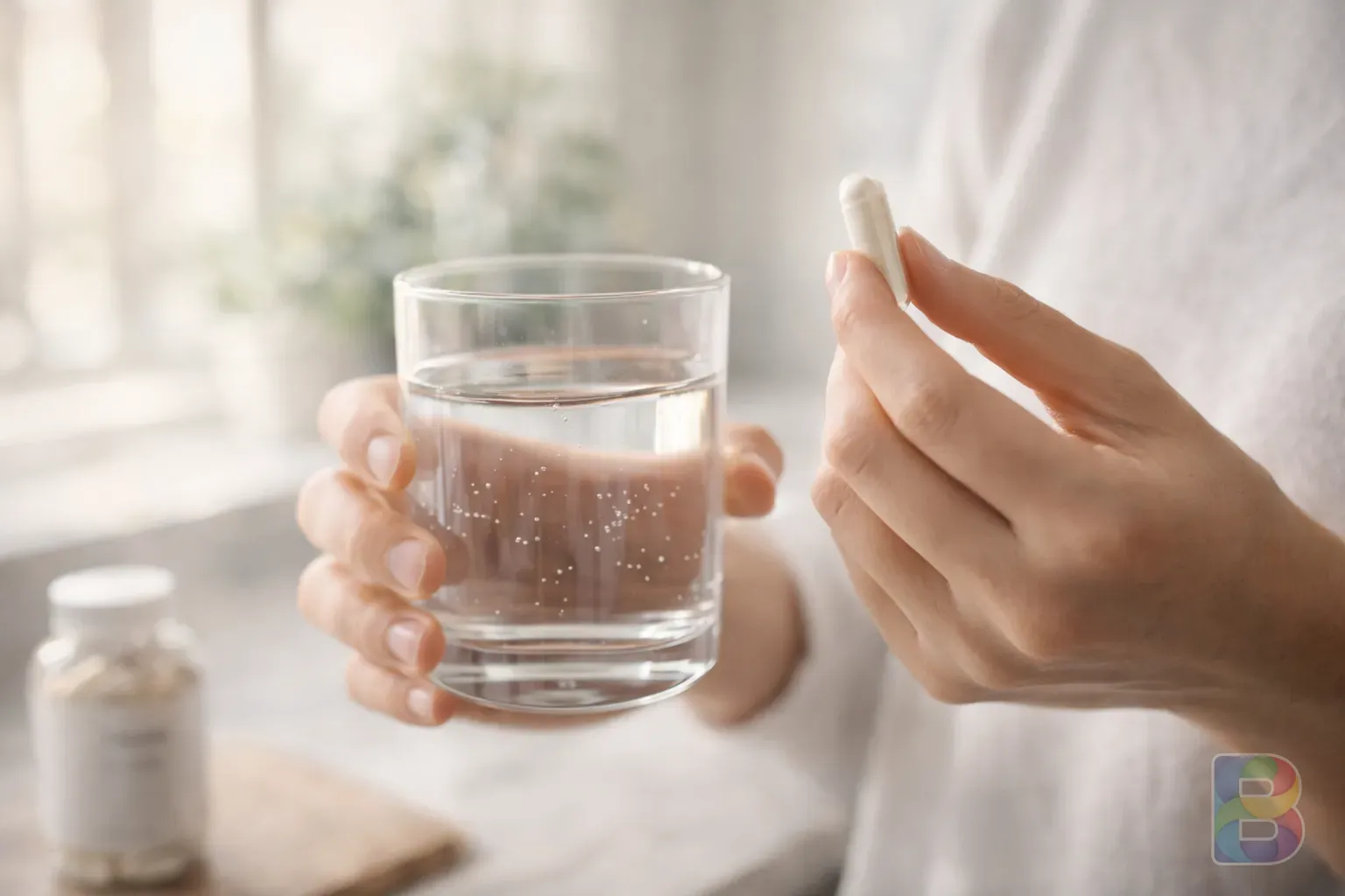 photorealistic, person hand holding a glass of water and taking a supplement, soft focus on the background, clean and healthy lifestyle vibe, bright airy lighting