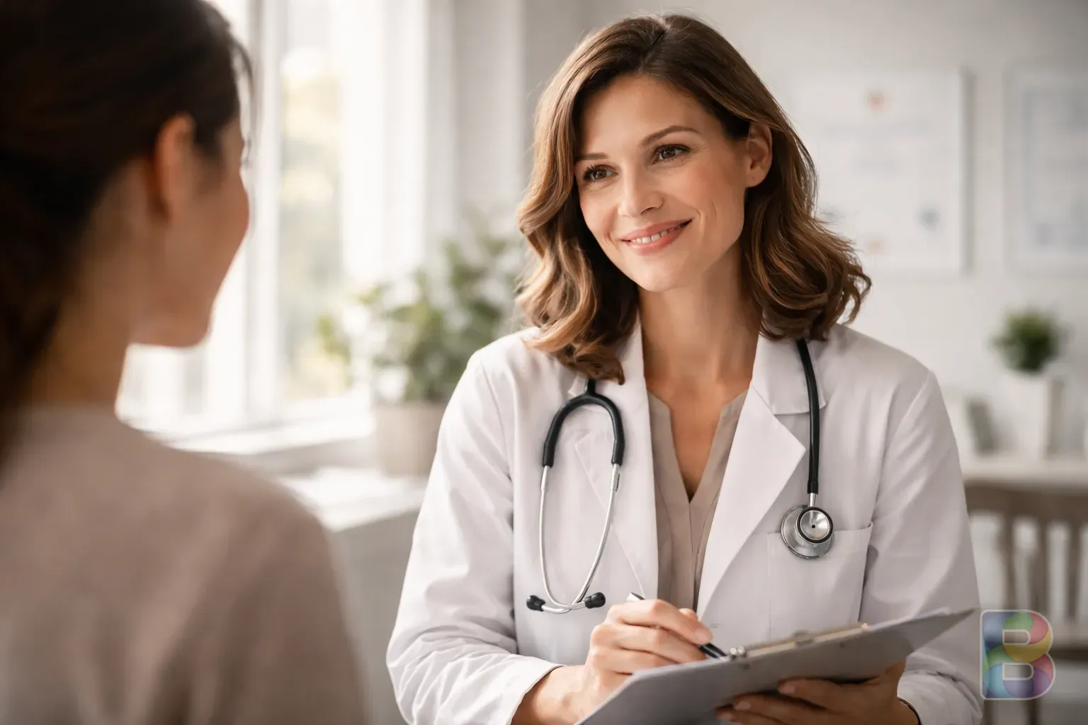 photorealistic, doctor in white coat talking to a patient, medical office background, professional and reassuring, natural lighting