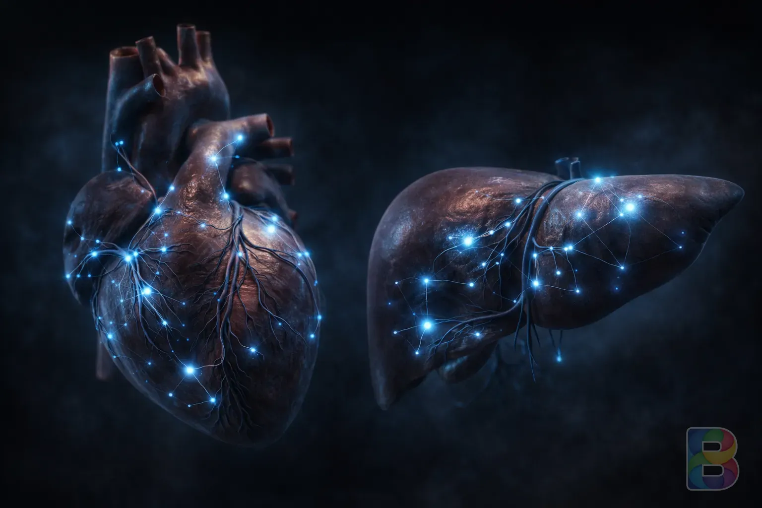 photorealistic, artistic depiction of a human heart and liver with glowing blue energy nodes, cinematic lighting, medical visualization style