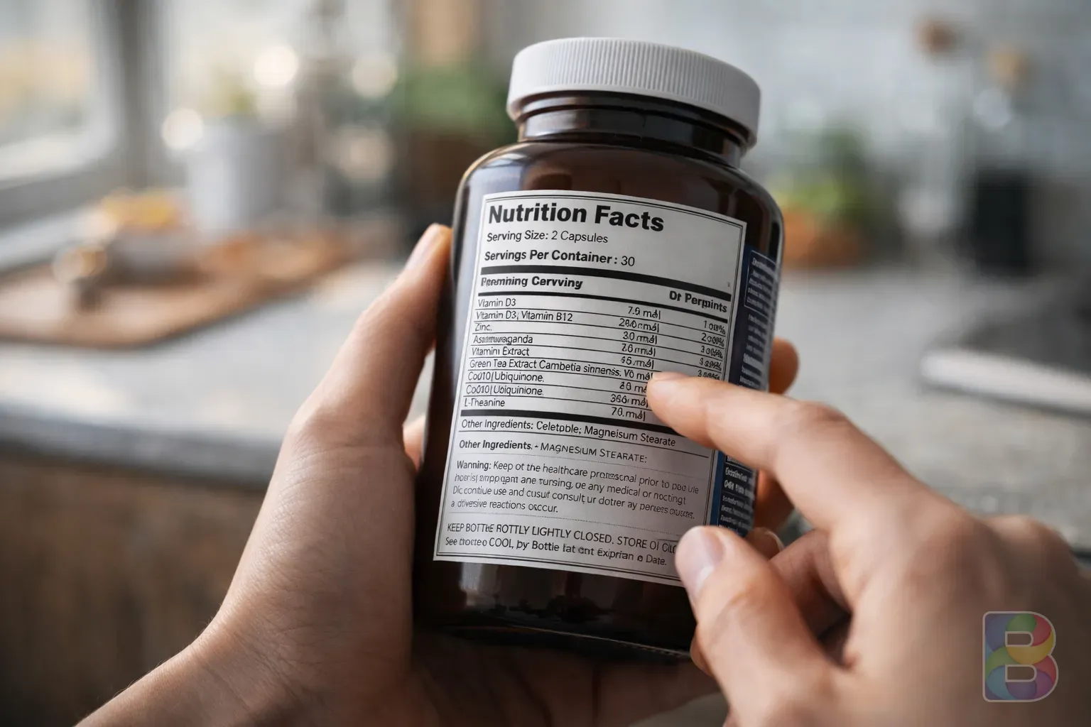 photorealistic, close-up of a person checking the back label of a supplement bottle in a bright kitchen, high detail, focus on text and hands